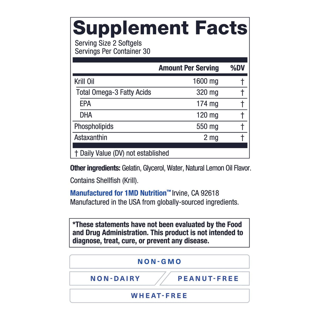 1MD KrillMD - Antarctic Krill Oil Omega-3 with Astaxanthin, EPA & DHA | 60 Softgels (2-Pack)