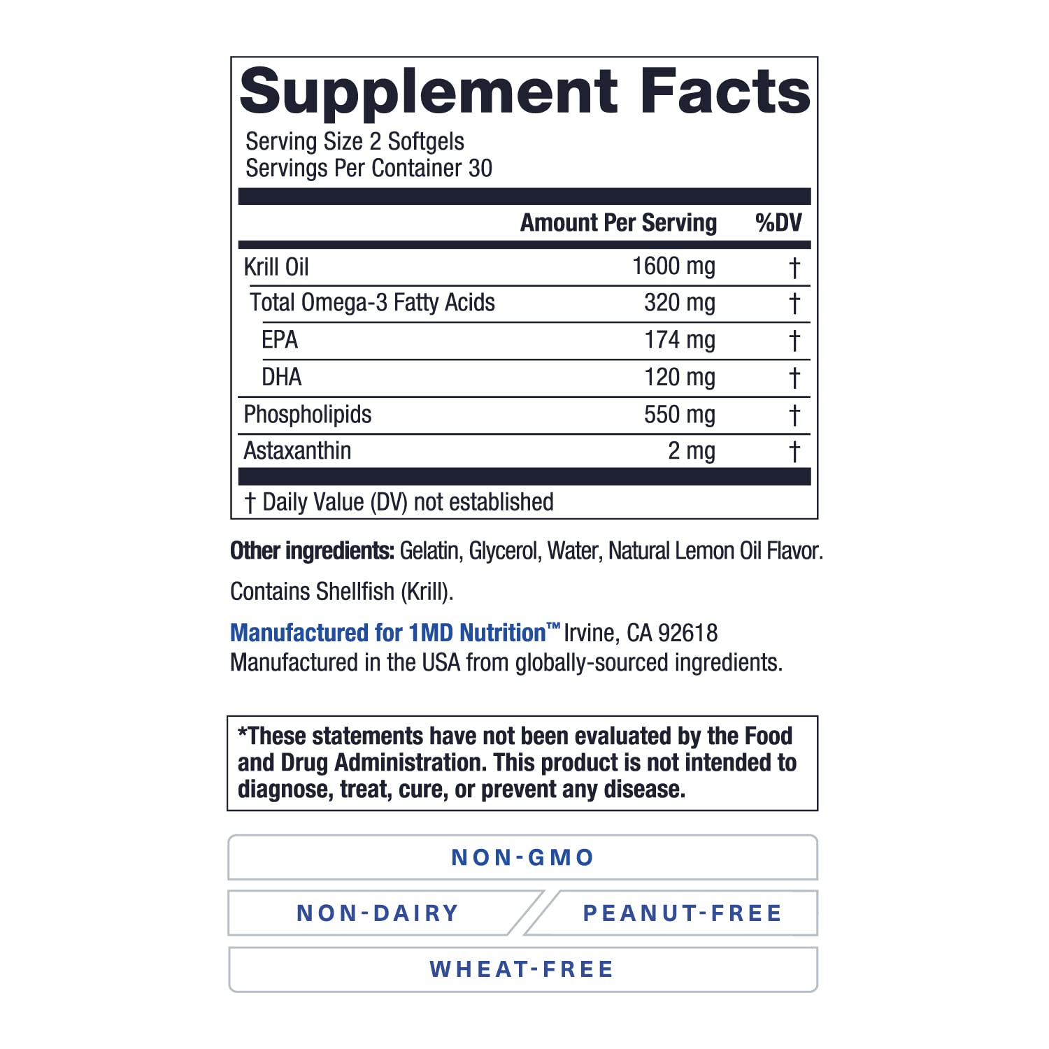 1MD KrillMD - Antarctic Krill Oil Omega-3 with Astaxanthin, EPA & DHA | 60 Softgels (2-Pack)