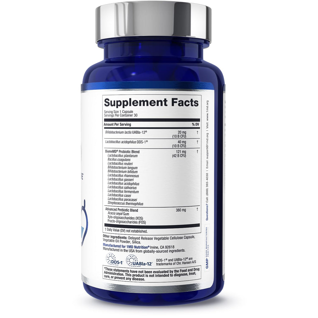 BiomeMD Probiotics by 1MD Nutrition | 62B CFUs, 15 Strains + Prebiotics | Digestive & Immune Support | 30 Capsules