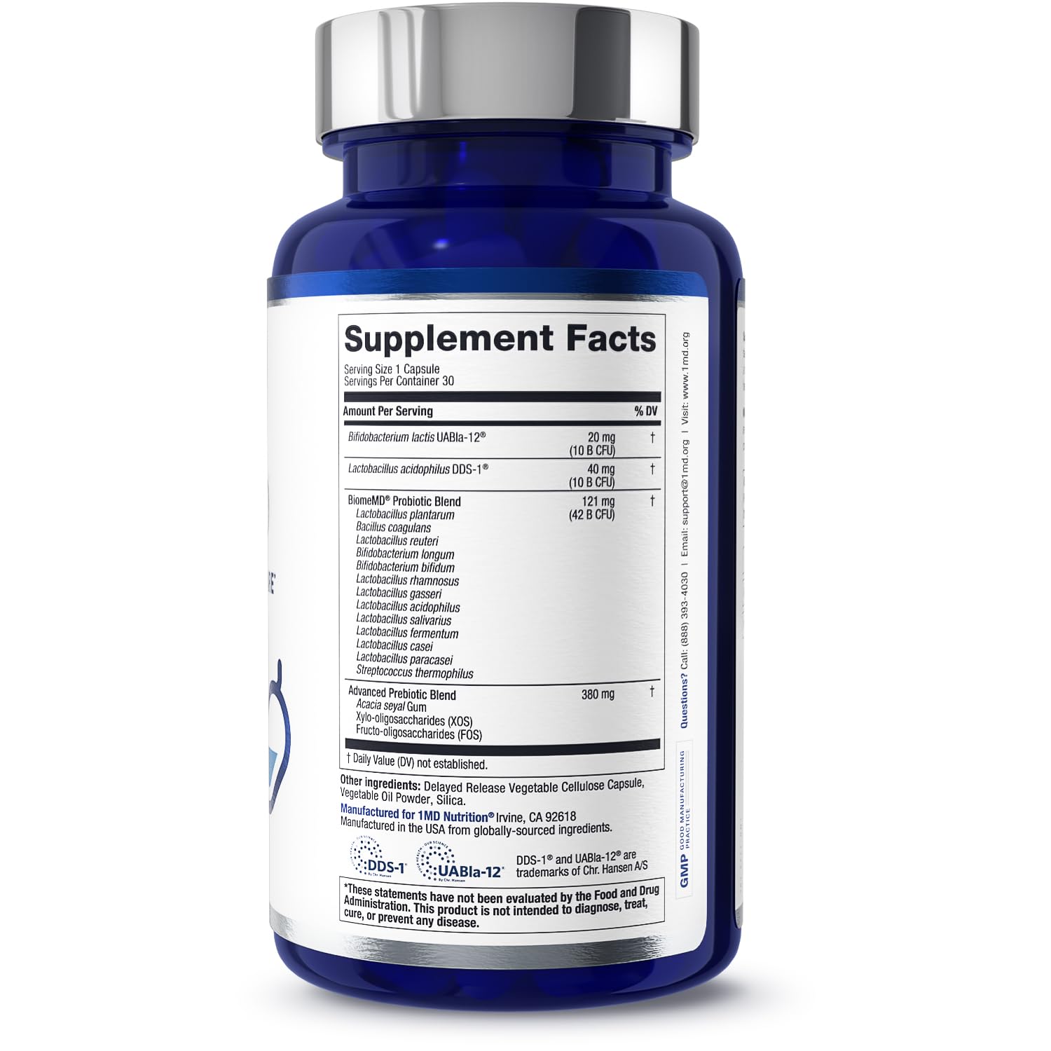BiomeMD Probiotics by 1MD Nutrition | 62B CFUs, 15 Strains + Prebiotics | Digestive & Immune Support | 30 Capsules