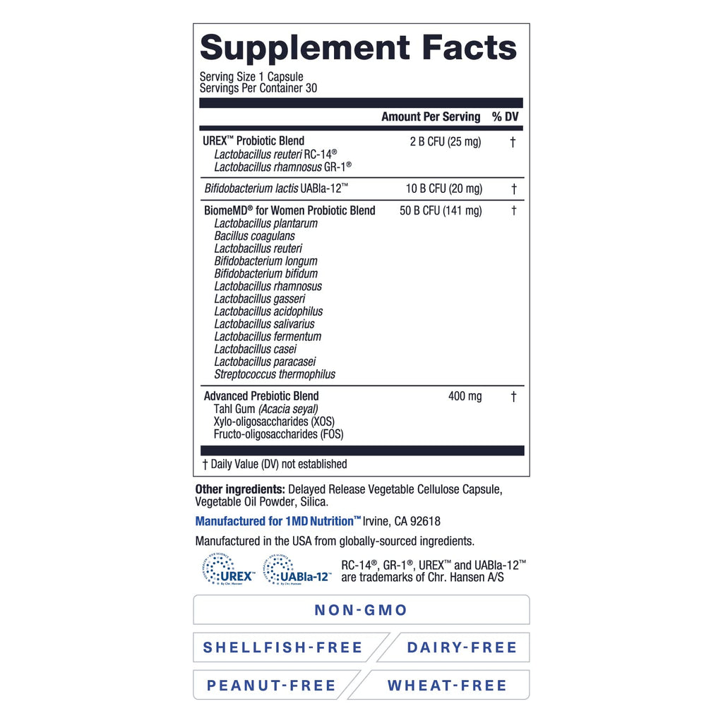BiomeMD Probiotics for Women by 1MD Nutrition – 62B CFUs, 15 Strains + Prebiotics | Doctor-Formulated