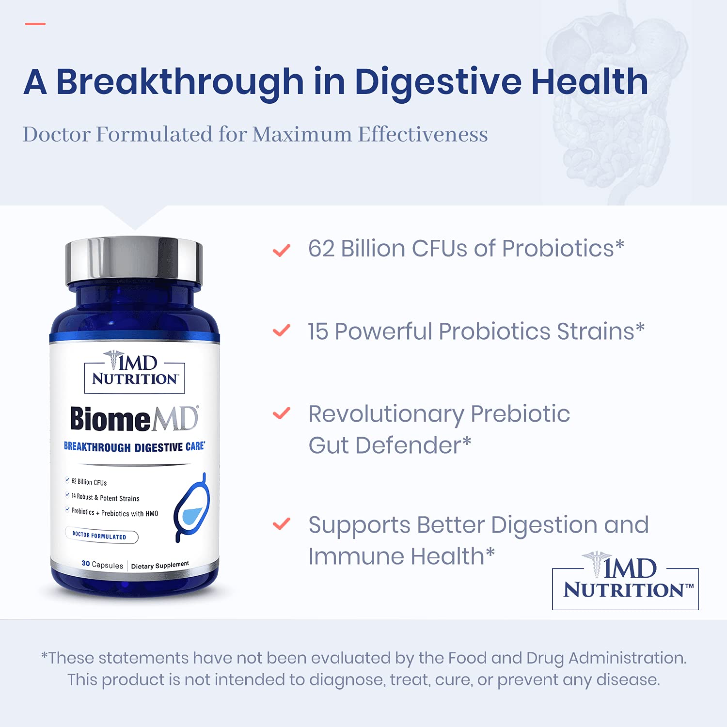 BiomeMD Probiotics by 1MD Nutrition | 62B CFUs, 15 Strains + Prebiotics | Digestive & Immune Support | 30 Capsules