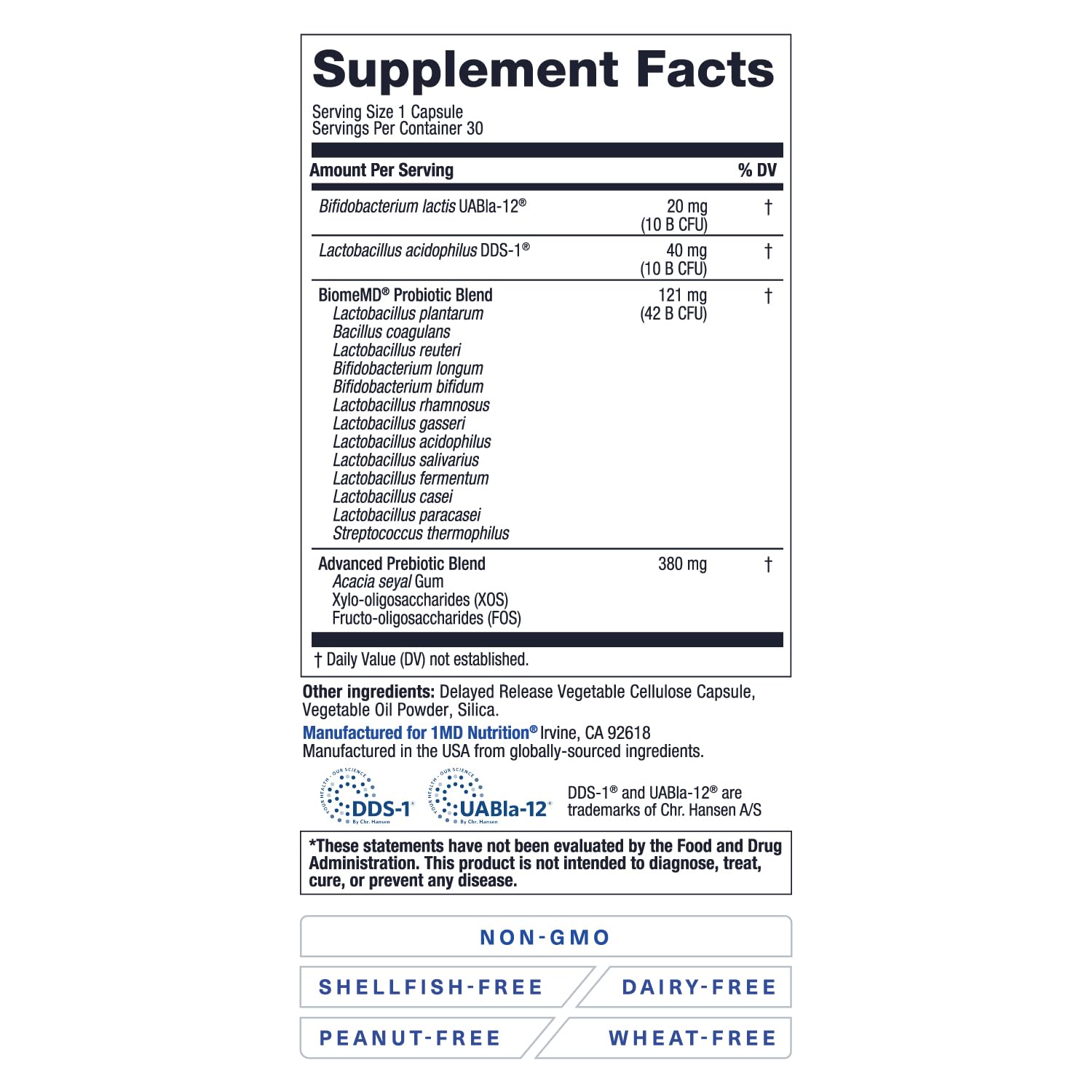 BiomeMD Probiotics by 1MD Nutrition | 62B CFUs, 15 Strains + Prebiotics | Digestive & Immune Support | 30 Capsules