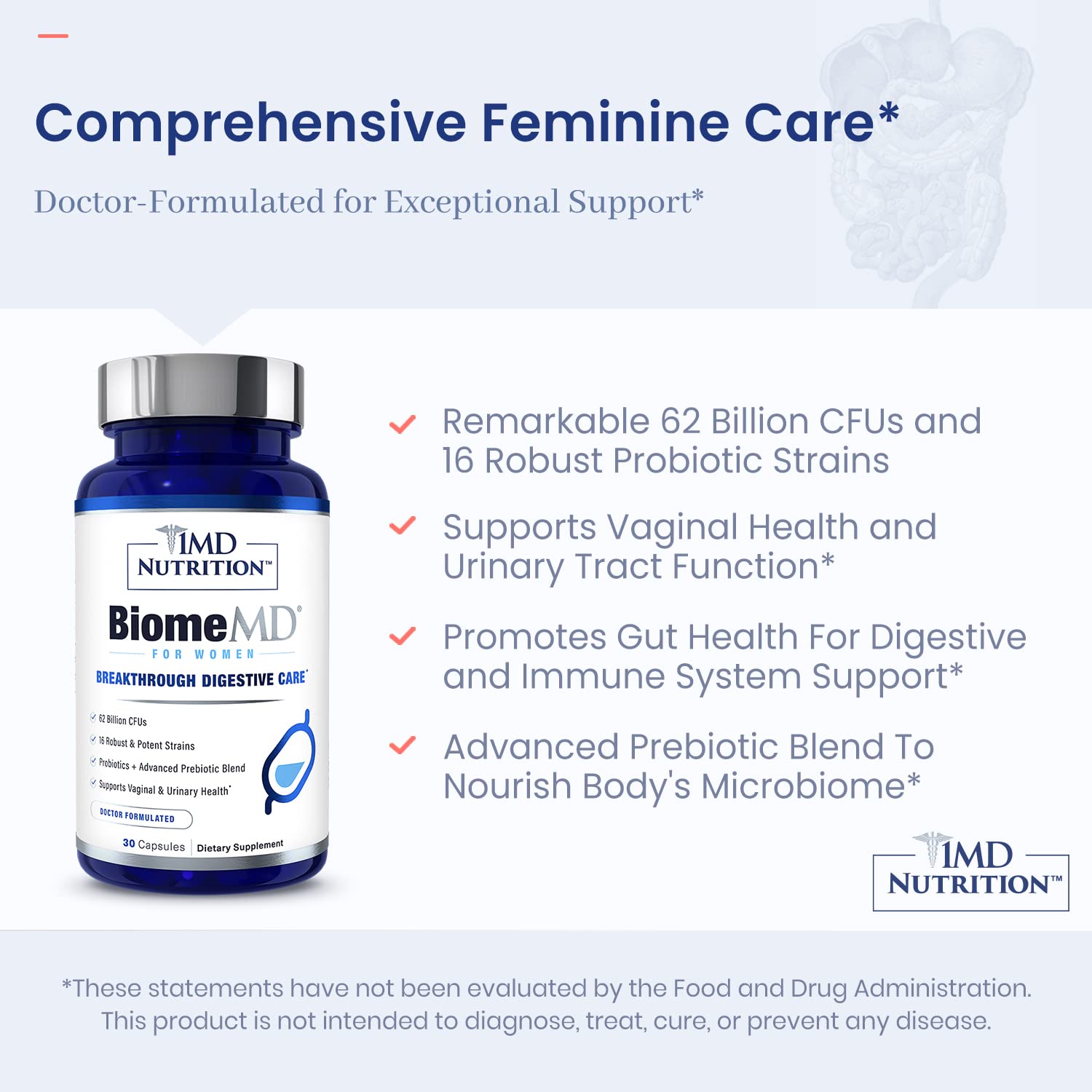BiomeMD Probiotics for Women by 1MD Nutrition – 62B CFUs, 15 Strains + Prebiotics | Doctor-Formulated