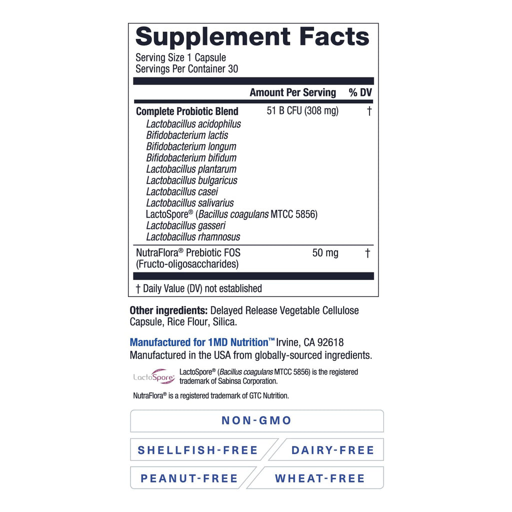 1MD Nutrition Complete Probiotics Platinum – 51B CFU, 11 Strains, Dairy-Free, 30 Capsules