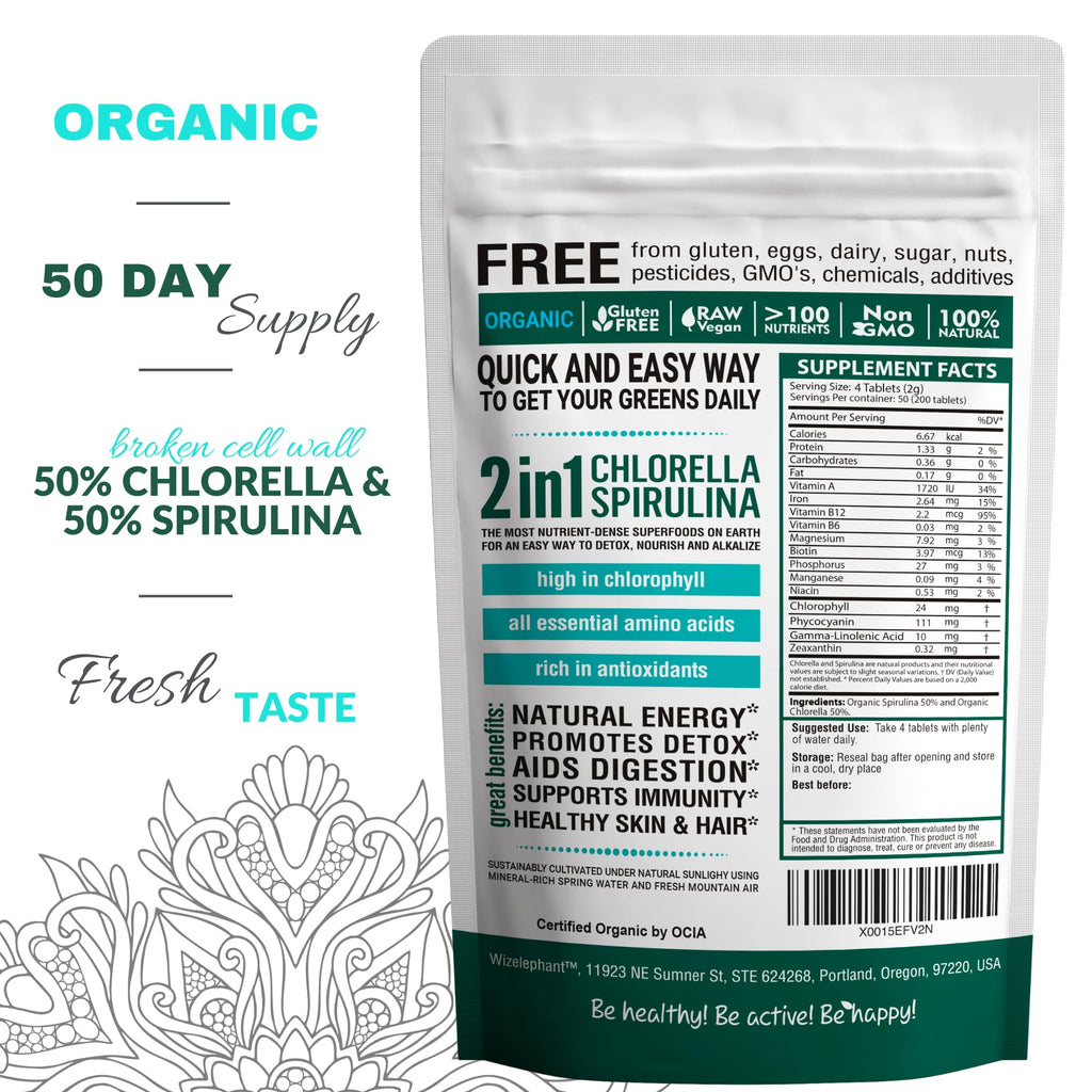 Organic Spirulina Chlorella Tablets – 50 Servings | 2-in-1 Algae Supplement with Broken Cell Wall for Immune Support, Detox & Energy