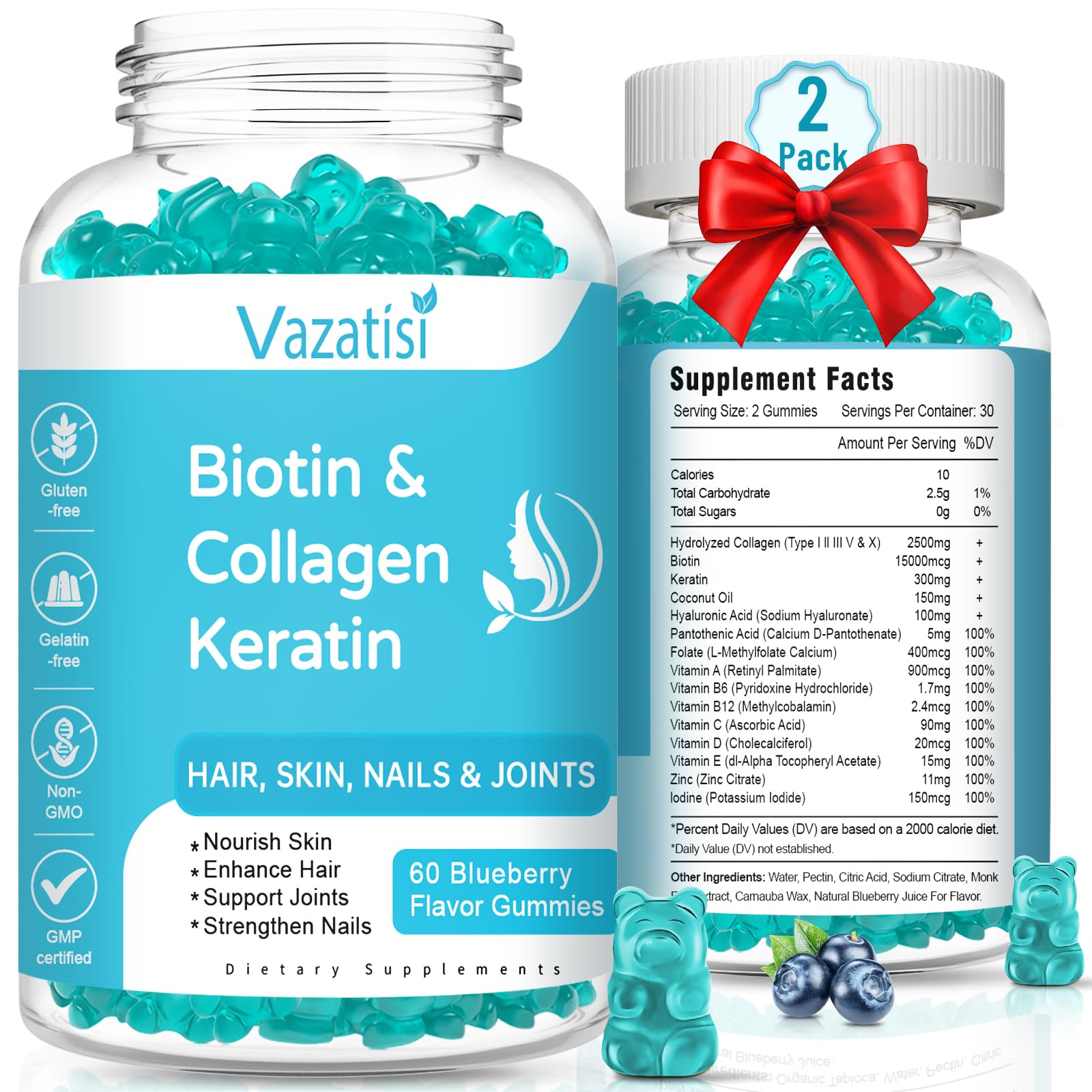 2 Pack Biotin Gummies with Collagen & Keratin for Hair Skin Nails - Women Men Kids - 120 Blueberry Flavored Gummies