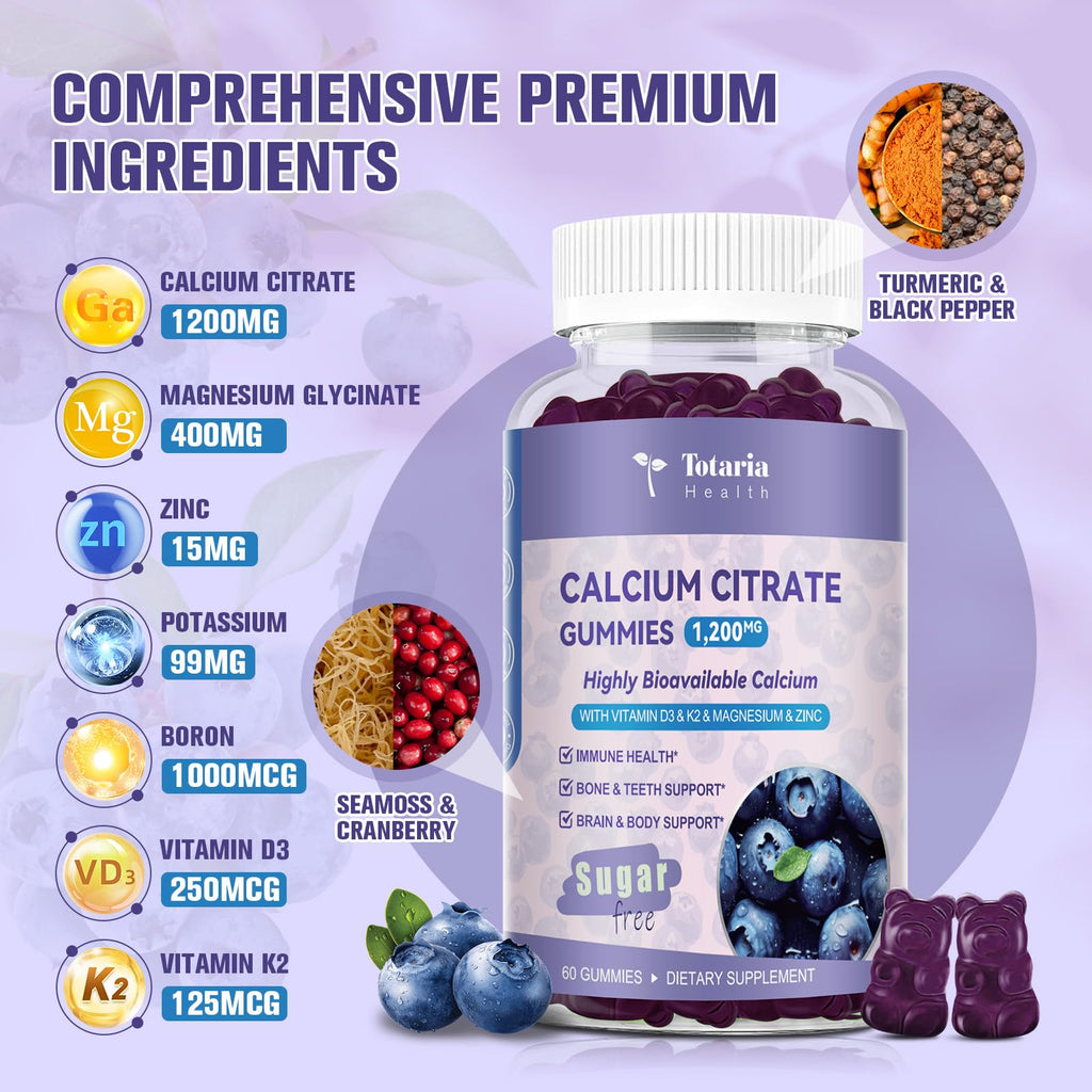 2 Pack Calcium Citrate Gummies 1200 mg – Vitamin D3 & K2, Magnesium, Zinc | Sugar Free Blueberry