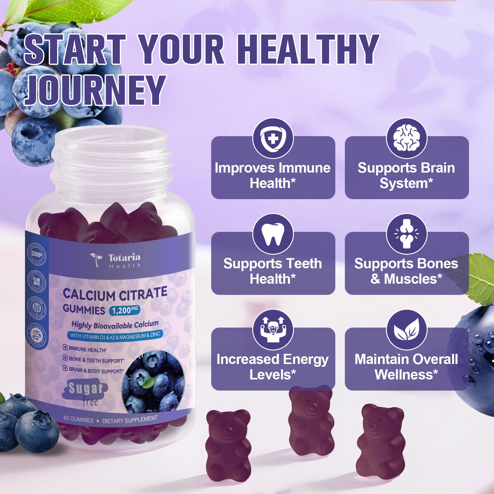 2 Pack Calcium Citrate Gummies 1200 mg – Vitamin D3 & K2, Magnesium, Zinc | Sugar Free Blueberry
