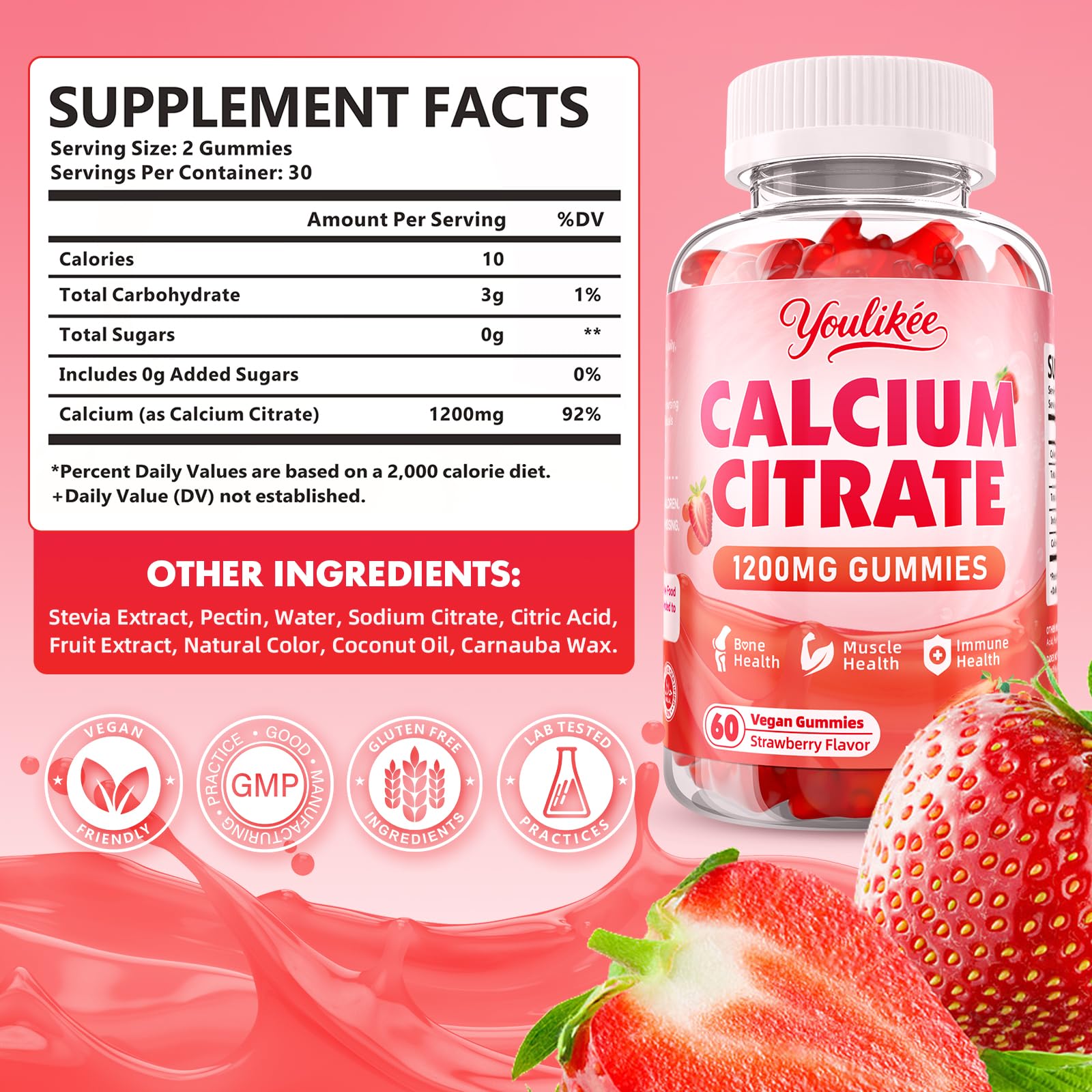 2-Pack Calcium Citrate Gummies 1200mg – Vegan, Strawberry, 120 Count