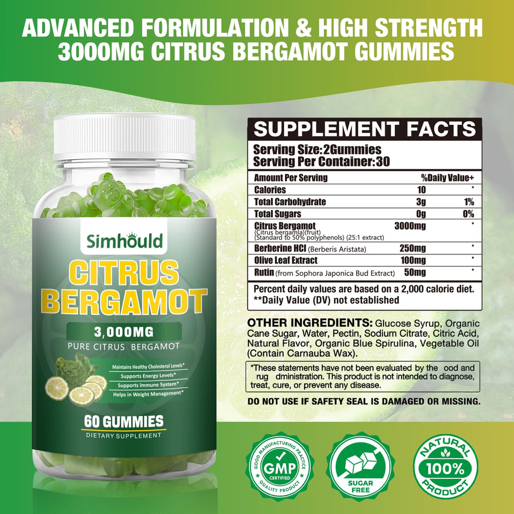 2 Pack Citrus Bergamot Gummies - 3000mg Bergamot Extract for Immune Support, Heart Health, and Healthy Aging - Vegan Lime Flavor (120 Gummies)