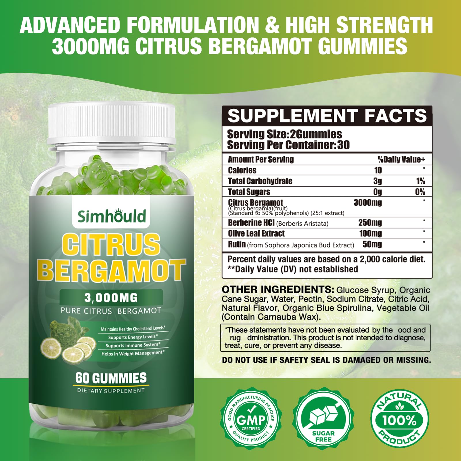 2 Pack Citrus Bergamot Gummies - 3000mg Bergamot Extract for Immune Support, Heart Health, and Healthy Aging - Vegan Lime Flavor (120 Gummies)