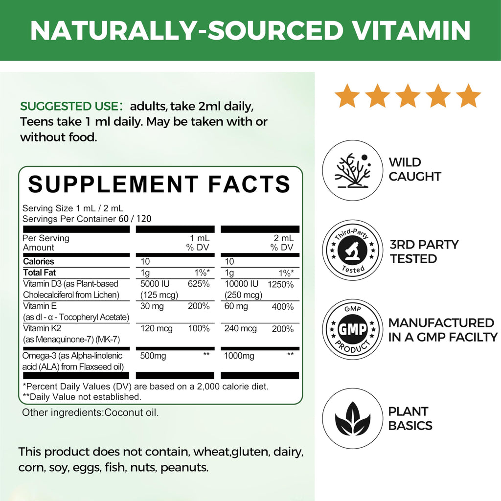 2 Pack Organic Vitamin D3 K2 Liquid with Vegan Omega-3 & Coconut MCT Oil | 10000 IU