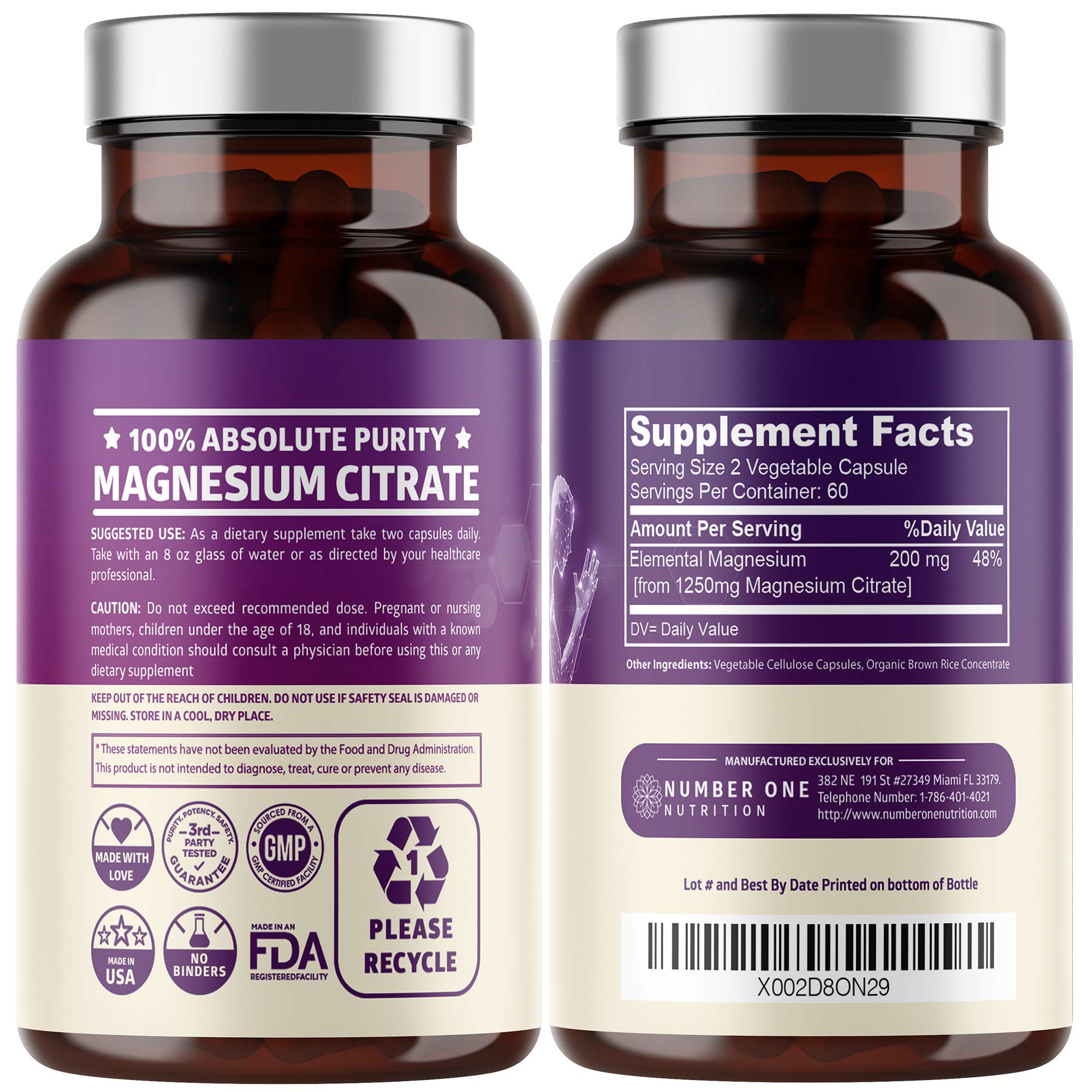 2-Pack Magnesium Citrate Capsules 1250mg | Muscle & Digestive Support - 240 Caps