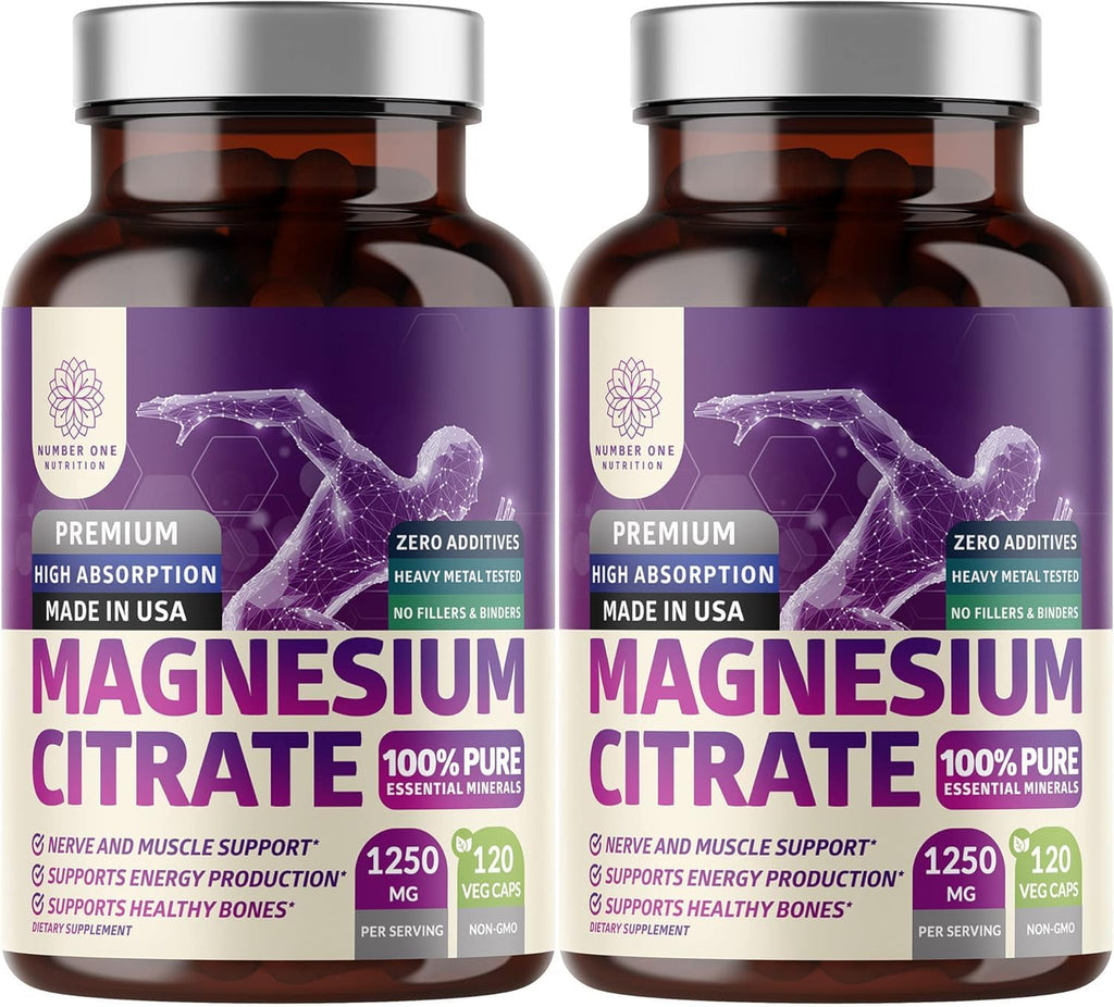 2-Pack Magnesium Citrate Capsules 1250mg | Muscle & Digestive Support - 240 Caps