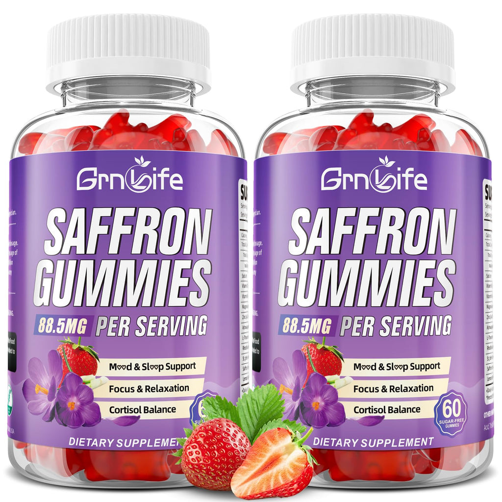 2 Pack Saffron Gummies for Kids & Adults – 10-in-1 Cortisol Support with 88.5mg Saffron, Vitamin D3, B6, Magnesium, Zinc, Ashwagandha, L-Theanine, St. John's Wort – 120 Count