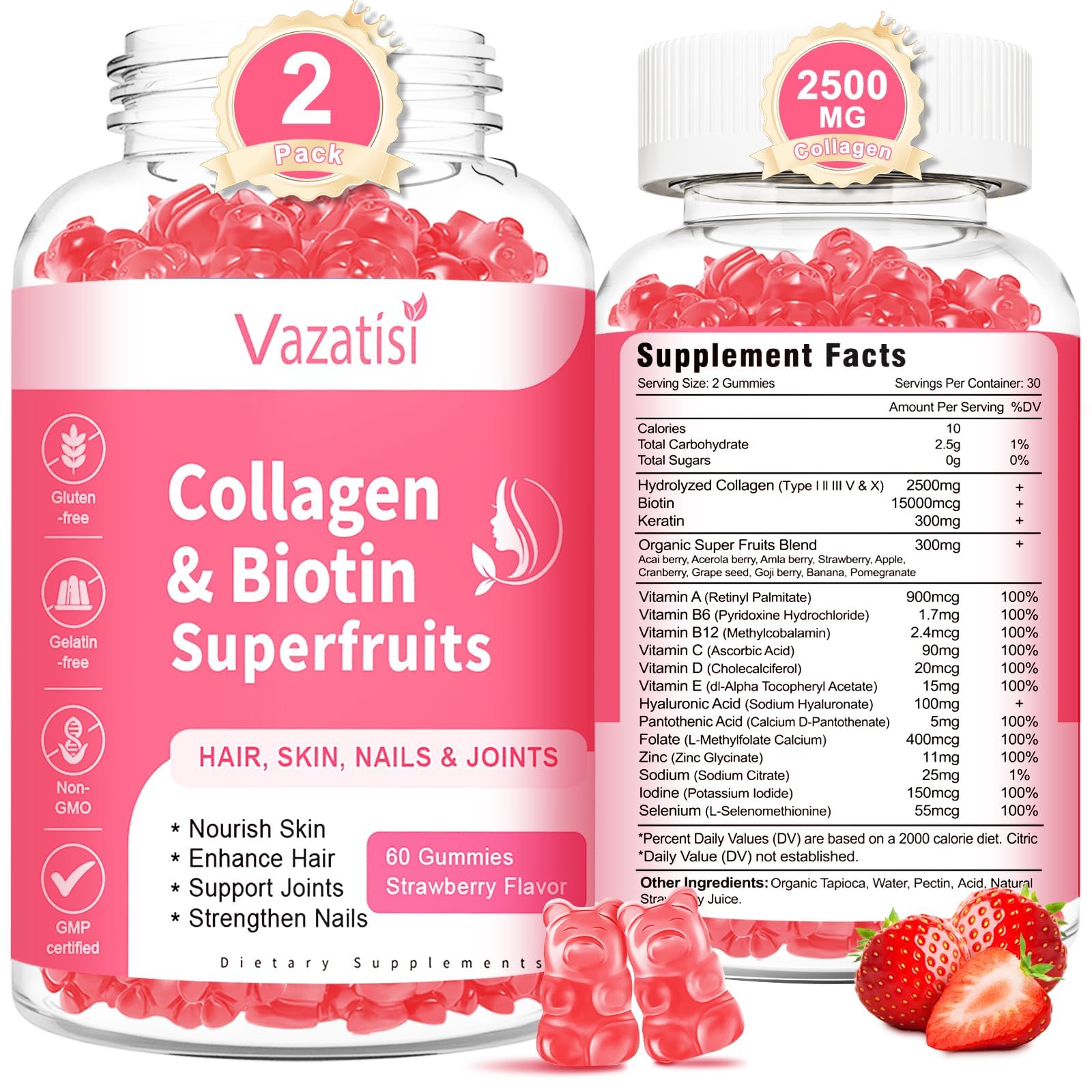 2 Pack Sugar Free Collagen Gummies for Women and Men – Multi-Collagen I-V X, Biotin, Strawberry 120 Count