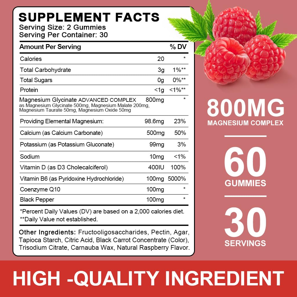 2 Pack Sugar Free Magnesium Glycinate Gummies – 500mg Mg Glycinate + 200mg Mg Malate, Sleep & Calm – 120 Raspberry