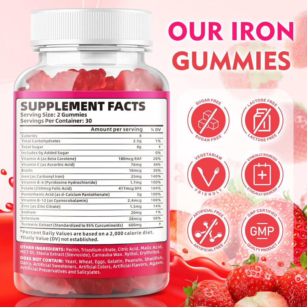 2 Pack Vegan Iron Gummies for Adults & Kids – Vitamin C, B-Complex & Zinc | 120 Gummies