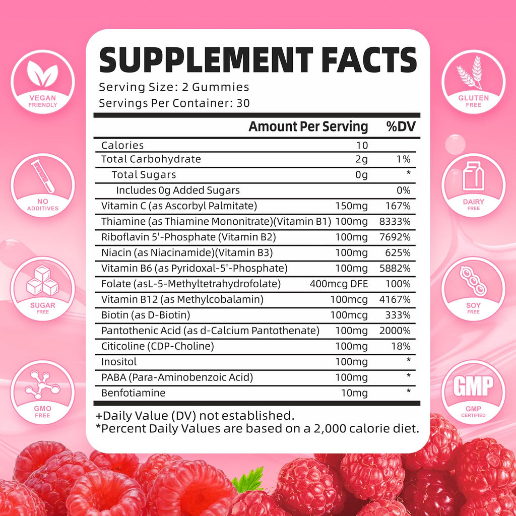 2 Pack Vitamin B Complex Gummies – Raspberry Flavor, All B Vitamins + Methyl B12