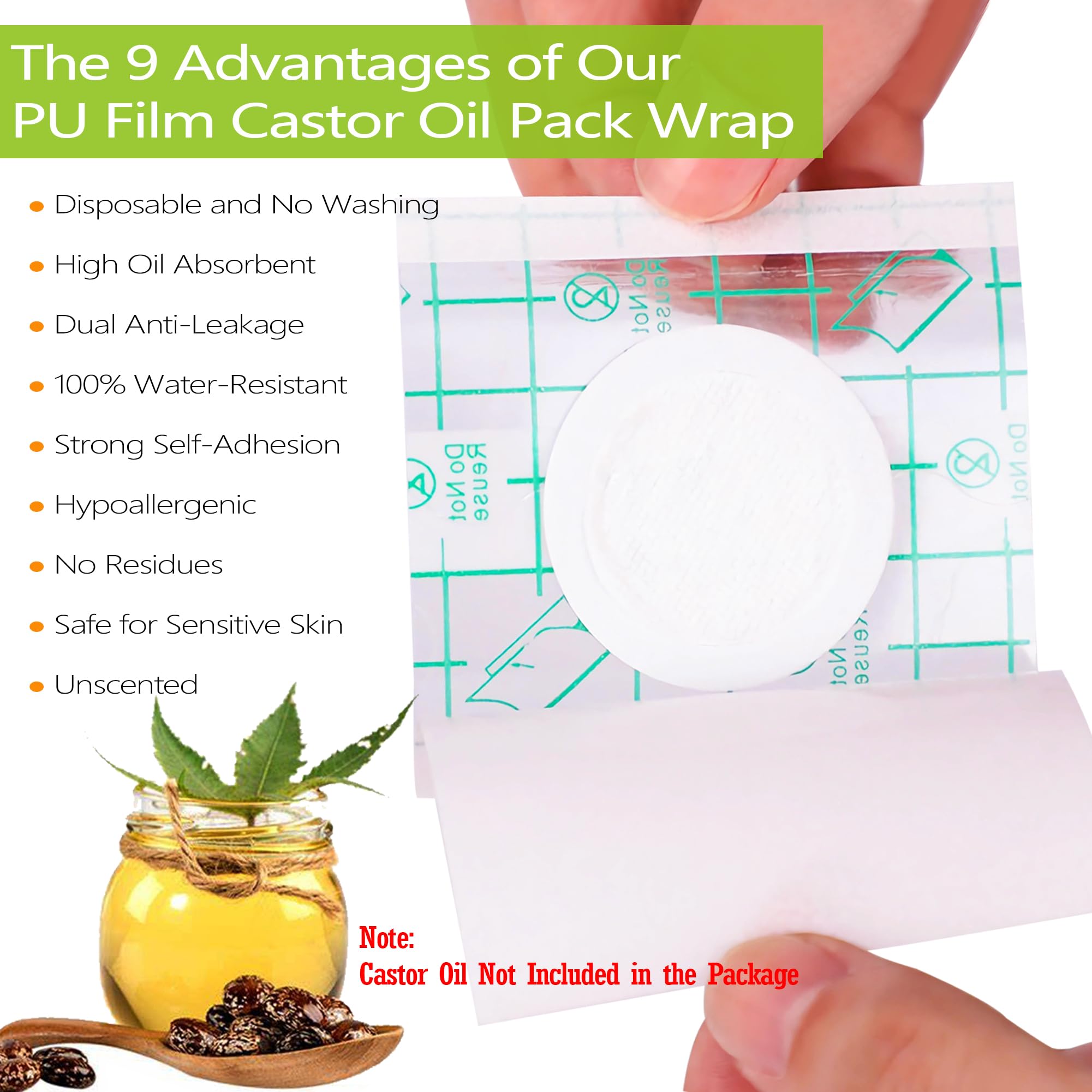 20 Pack Disposable Castor Oil Pack Wraps – Transparent PU Film, 3.2 x 3.2 in, Self-Adhesive, Hypoallergenic
