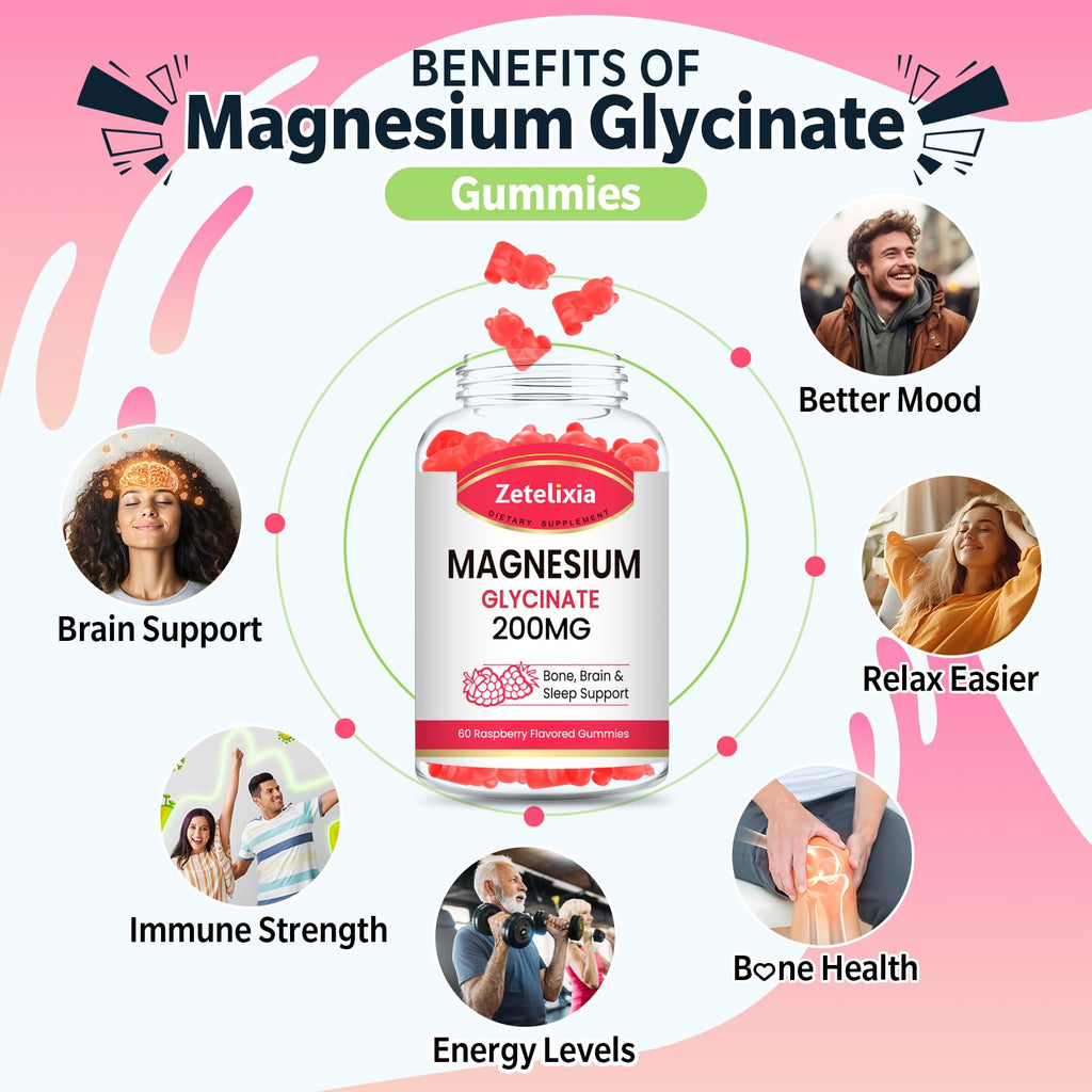 200mg Magnesium Glycinate Gummies – High Absorption Raspberry, 2-Pack (120 Count)