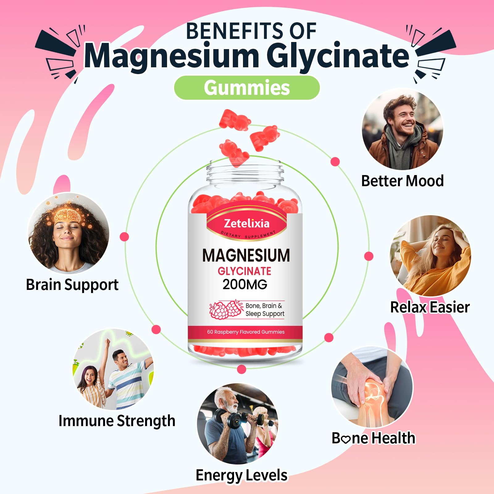200mg Magnesium Glycinate Gummies – High Absorption Raspberry, 2-Pack (120 Count)