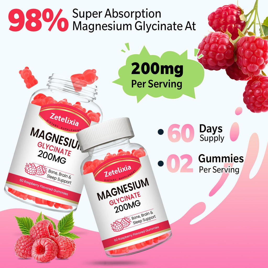 200mg Magnesium Glycinate Gummies – High Absorption Raspberry, 2-Pack (120 Count)