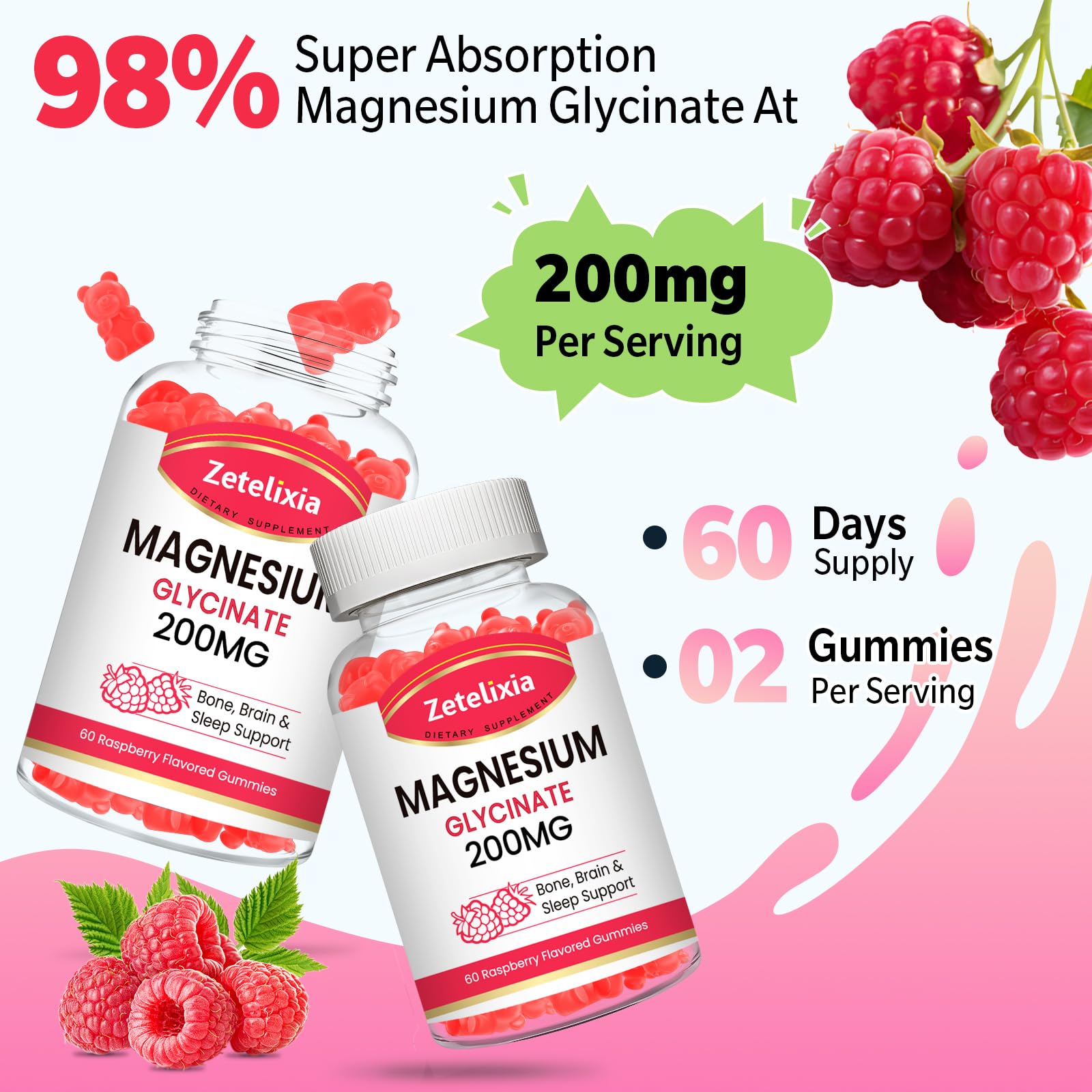 200mg Magnesium Glycinate Gummies – High Absorption Raspberry, 2-Pack (120 Count)