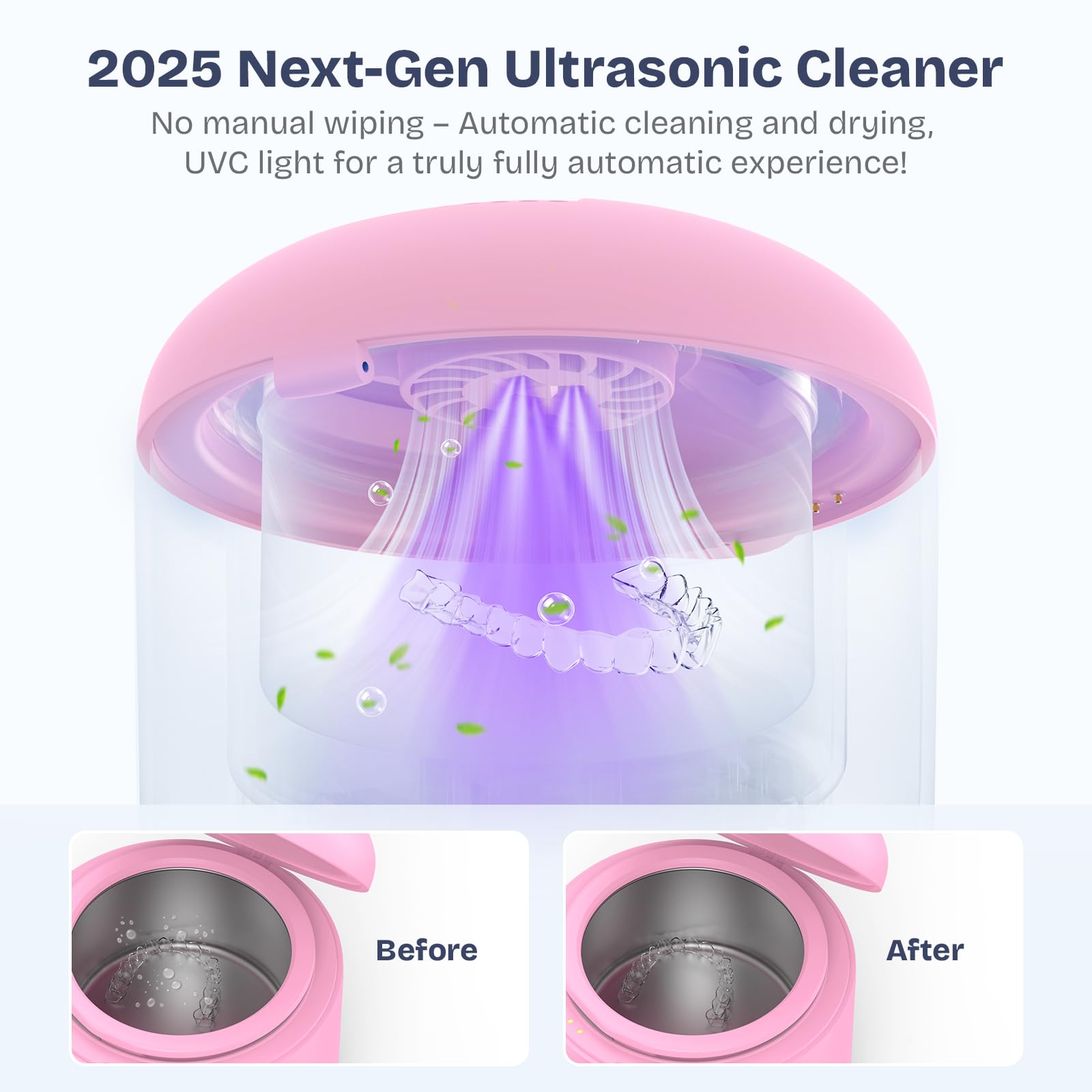2025 Ultrasonic Retainer Cleaner – 45KHz 25W with Drying, UVC Light, Removable Tank | Pink