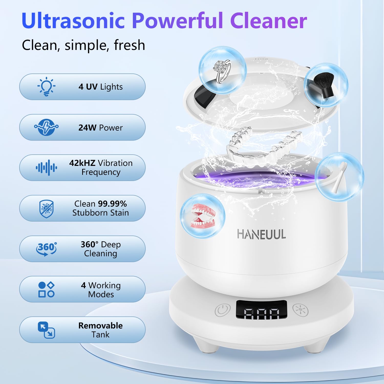 2025 Ultrasonic Retainer Cleaner for Dentures & Aligners | Durable Base (White)