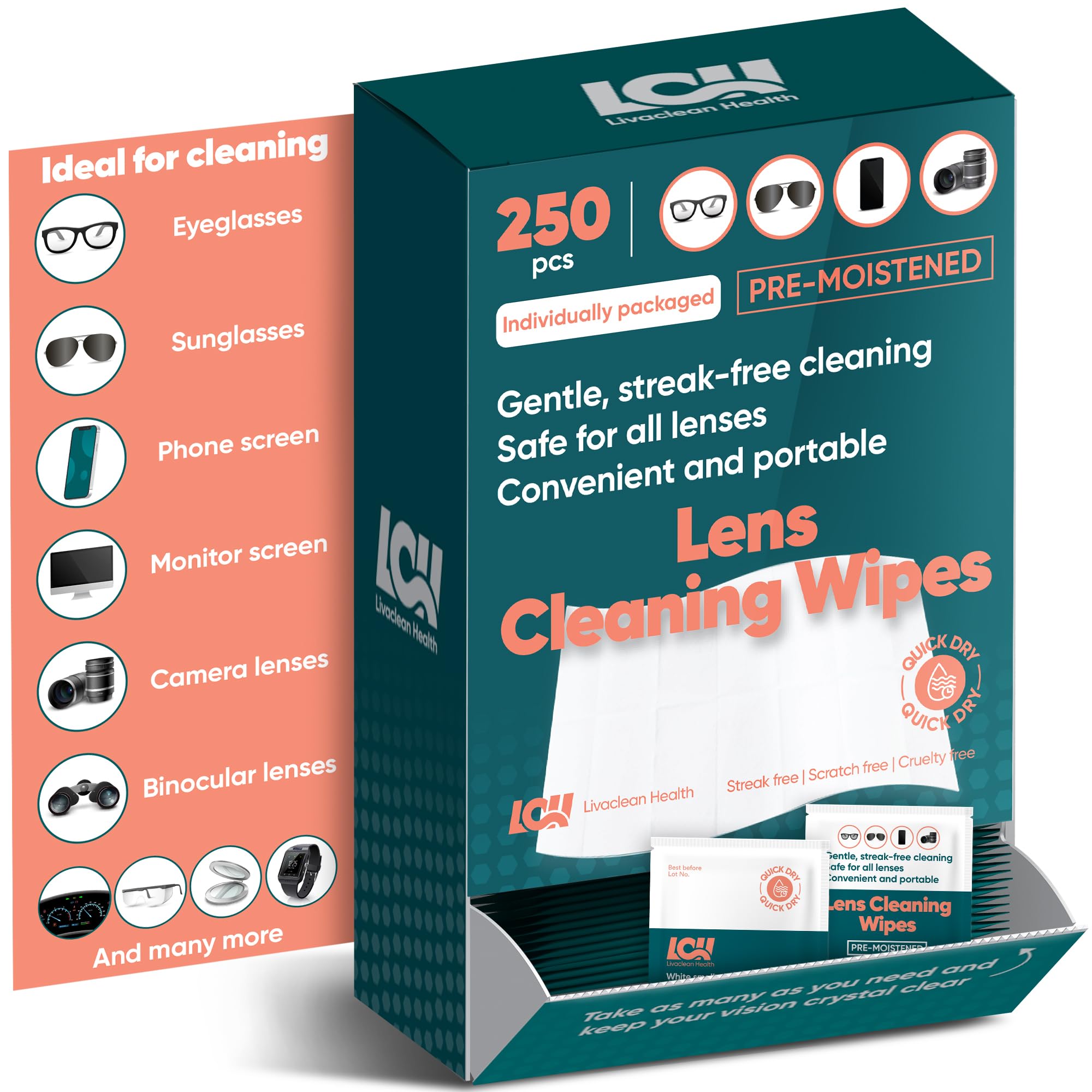 250 CT Lens Wipes for Eyeglasses - Pre-Moistened, Individually Wrapped