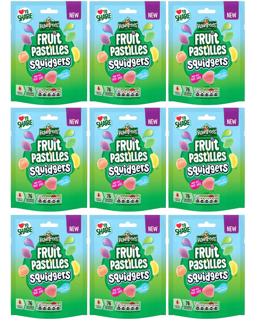 9 x Rowntrees Fruit Pastilles Squidgers Pouch - 120GM