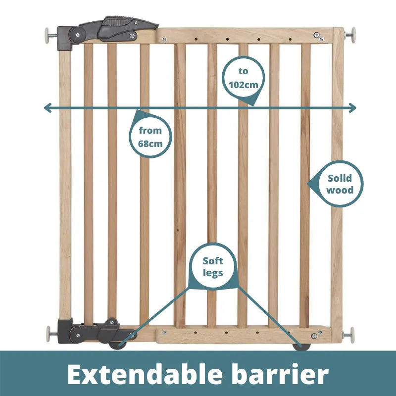 Clippasafe Extendable Wooden Screw Fit Stair Gate or Pressure Fit Safety Barrier (68cm-102cm) | Barrier Only when Pressure Fitted