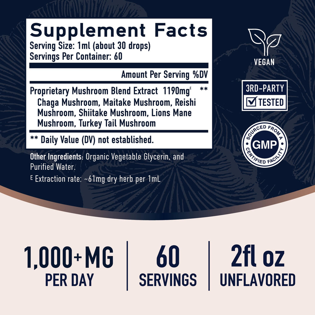Mushrooms Liquid Drops Complex | Lions Mane & Turkey Tail | 2 Oz, 60 Servings | Non-GMO, Soy-Free