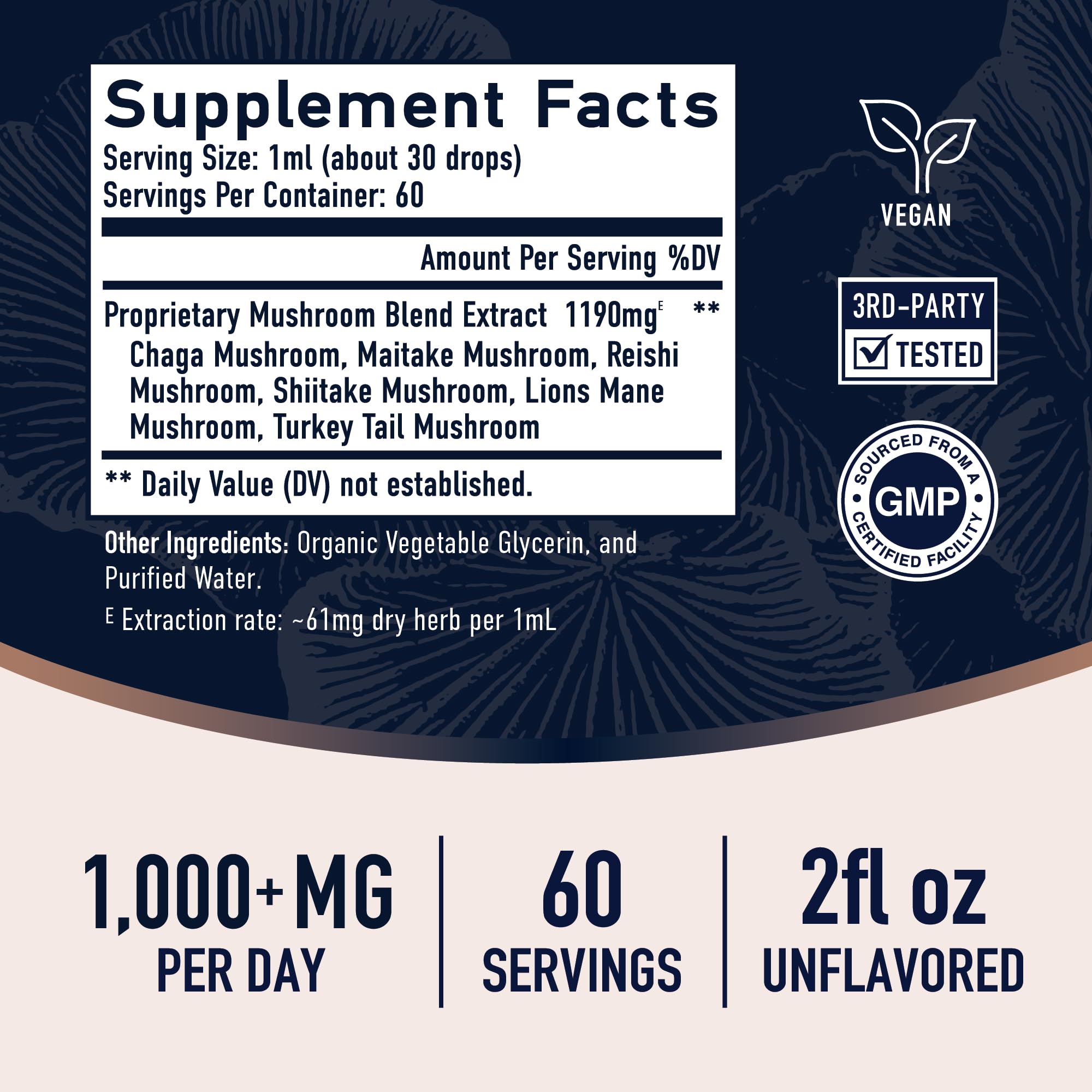 Mushrooms Liquid Drops Complex | Lions Mane & Turkey Tail | 2 Oz, 60 Servings | Non-GMO, Soy-Free