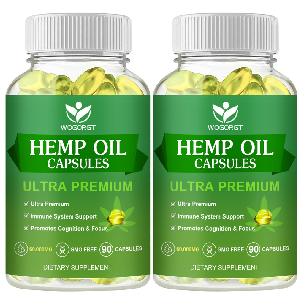 (2Pack) Hemp Oil Capsules – 60,000 Max Strength, Immune Support, Focus & Calm, Relaxation, Mood, Rich in Omega 3-6-9, 90 Capsules
