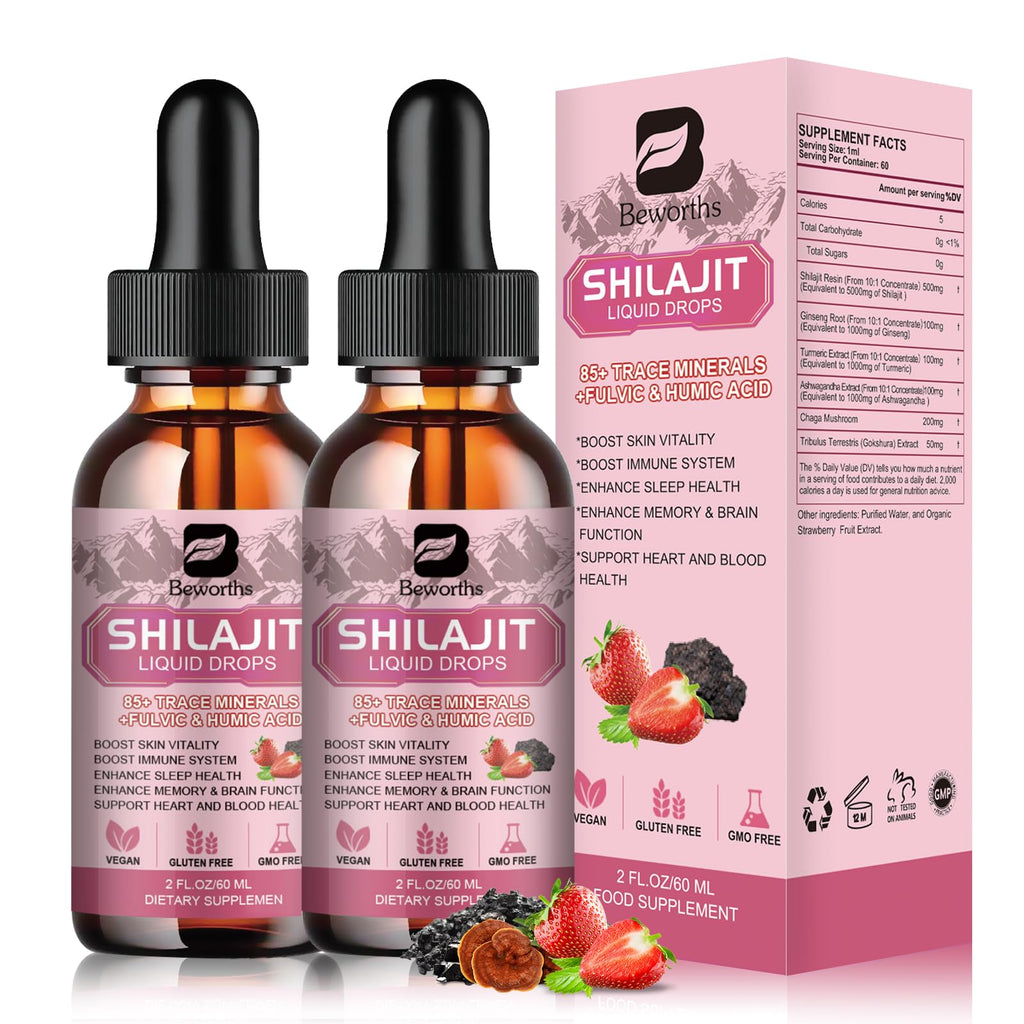 2Pack Shilajit Resin Liquid Drops | Shilajit Complex for Men Women with Ashwagandha, Turmeric, Ginseng, Chaga | 85+ Trace Minerals & Fulvic Acid | Boost Immunity & Energy - Non-GMO