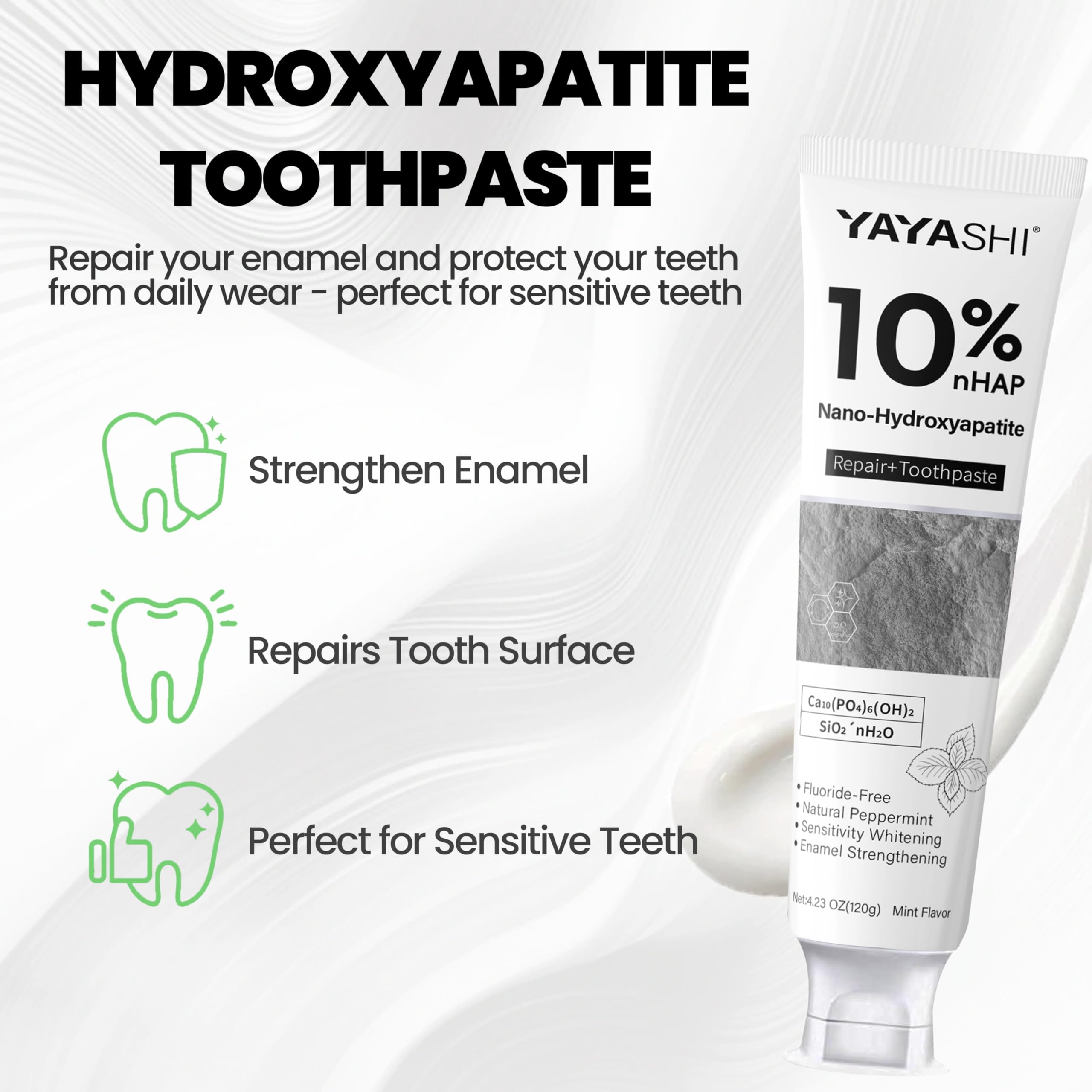 2PCS Hydroxyapatite Toothpaste 10% — Fluoride-Free, Gentle Mint, 4.23oz (2 Pack)