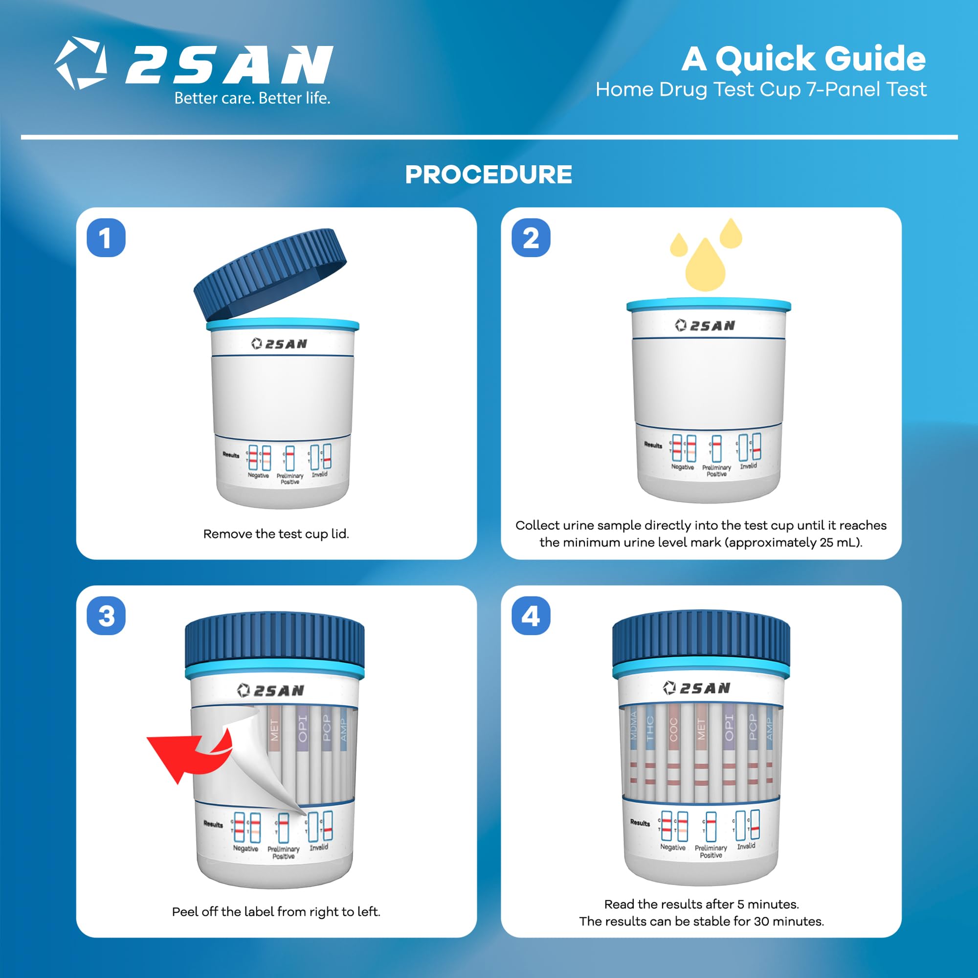 2San 7-Panel Drug Test Cup – 5-Min At-Home Results (THC, COC, MET, OPI, AMP, MDMA, PCP)