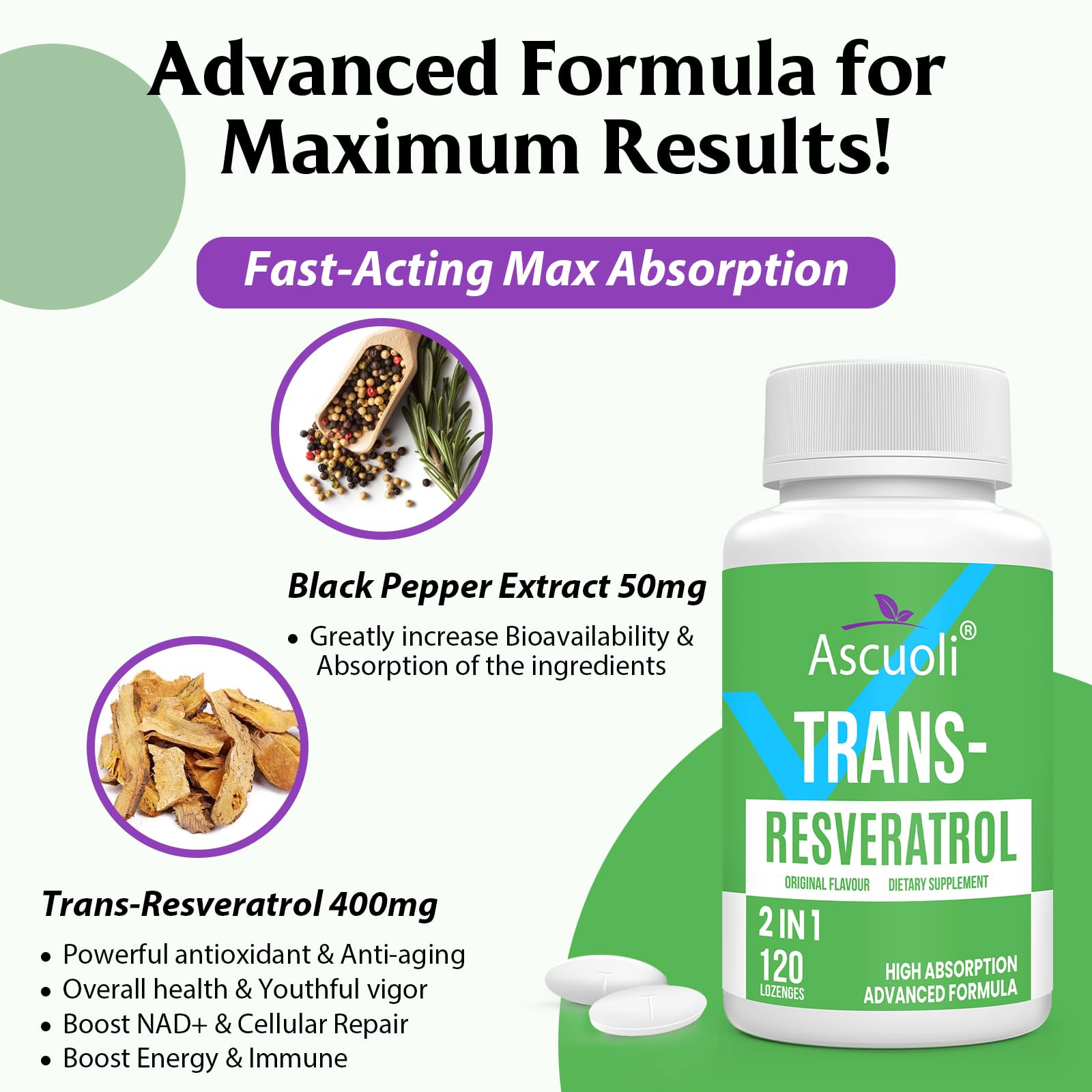 Sublingual Trans-Resveratrol Purity 99% – 3-in-1 NAD+ Boost, Immune & Energy Support | 120 Lozenge