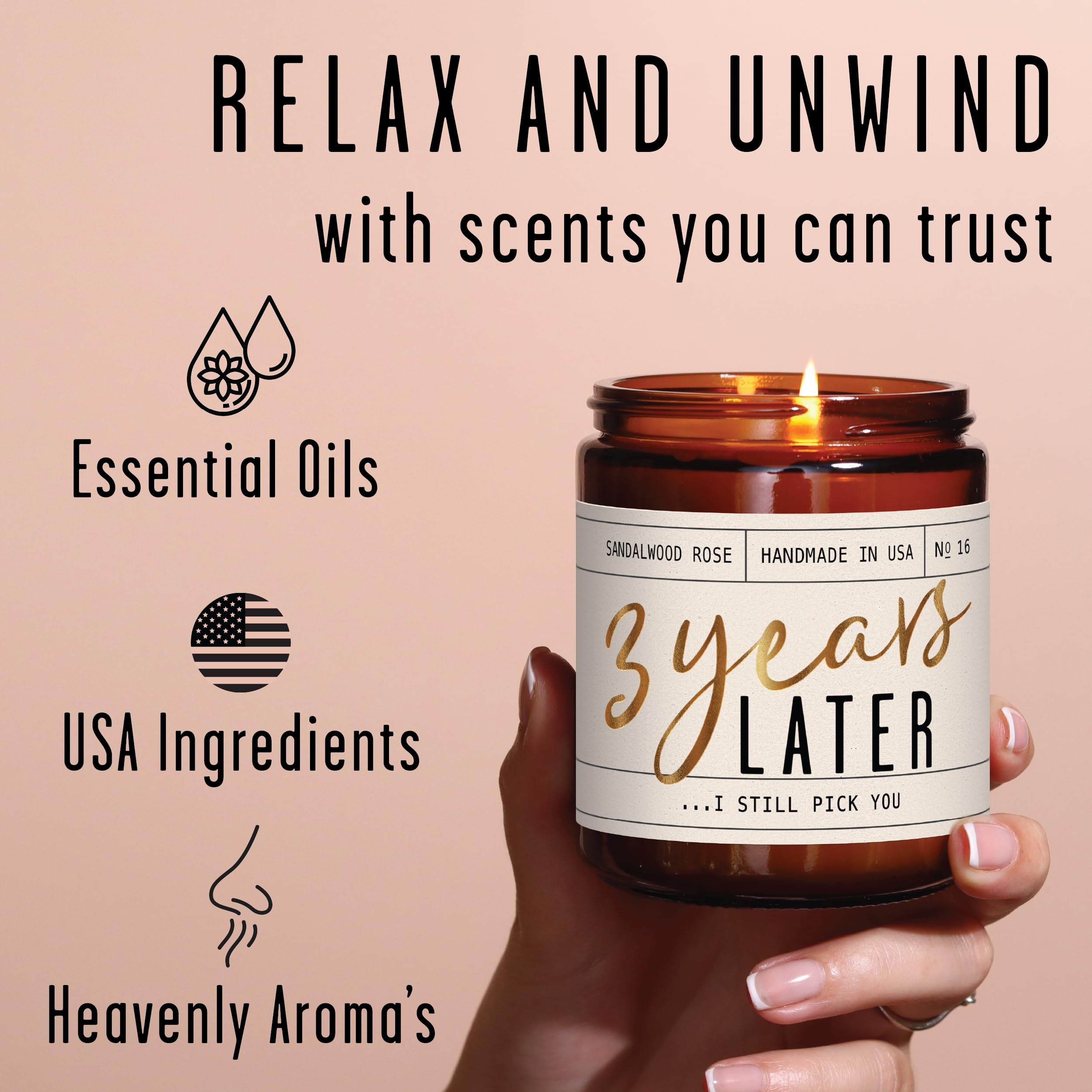 3 Year Anniversary Gift for Her – 3 Years Later Candle, Sandalwood Rose (USA Made)