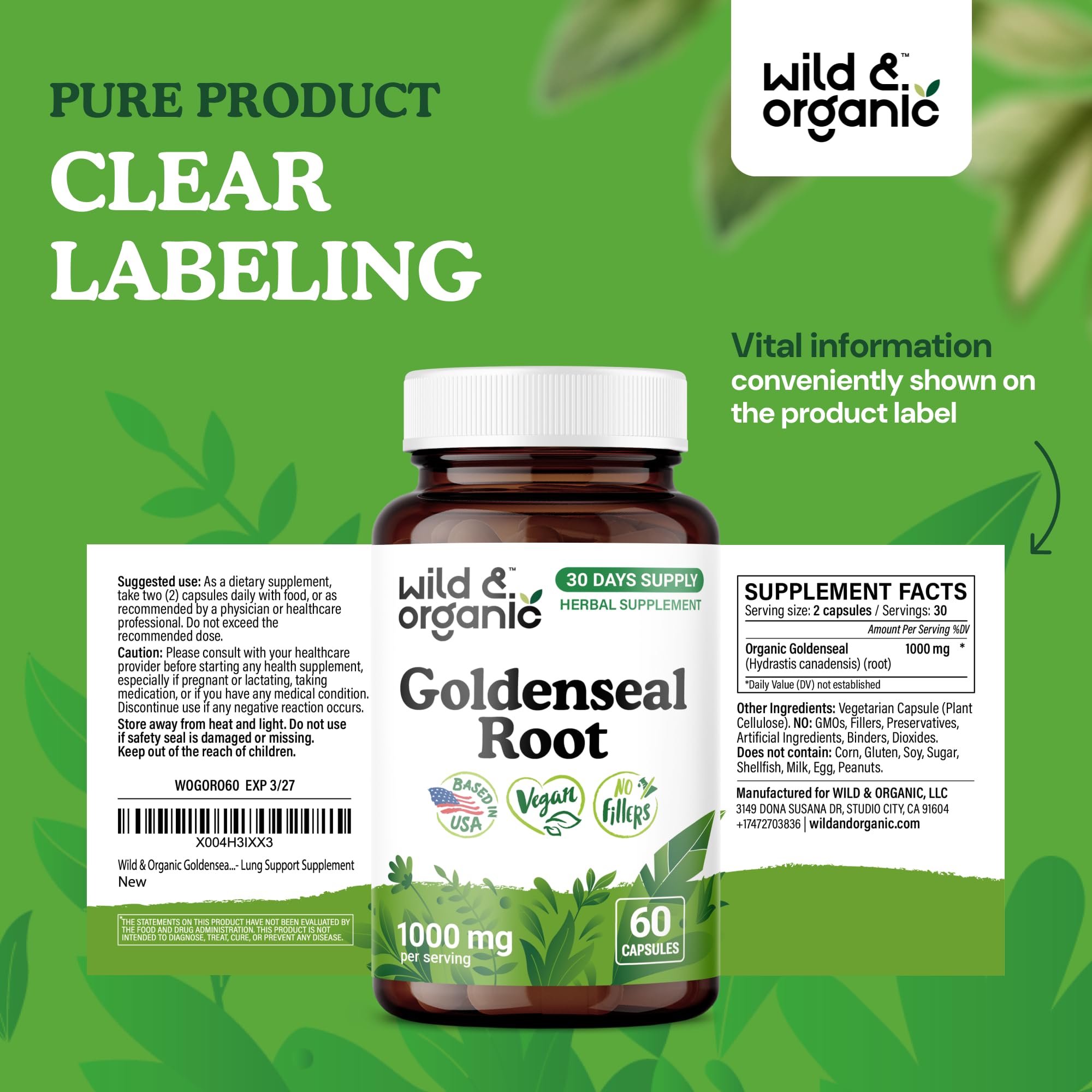 Wild & Organic Goldenseal Root Capsules 1000mg – Immune & Lung Support (60 capsules) – Vegan, Non-GMO