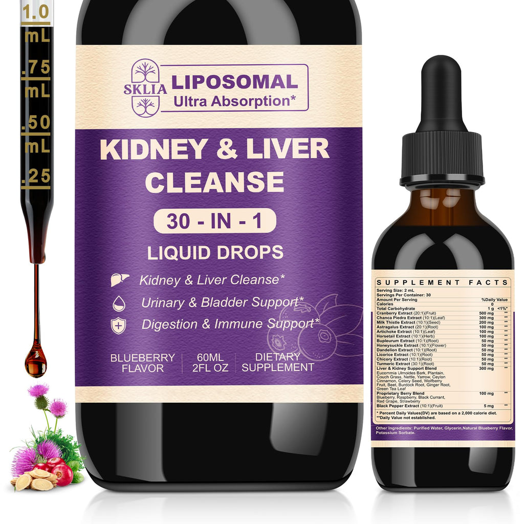 30-in-1 Kidney & Liver Detox Drops – Cranberry, Milk Thistle & Chanca Piedra | Blueberry Flavor | 1P