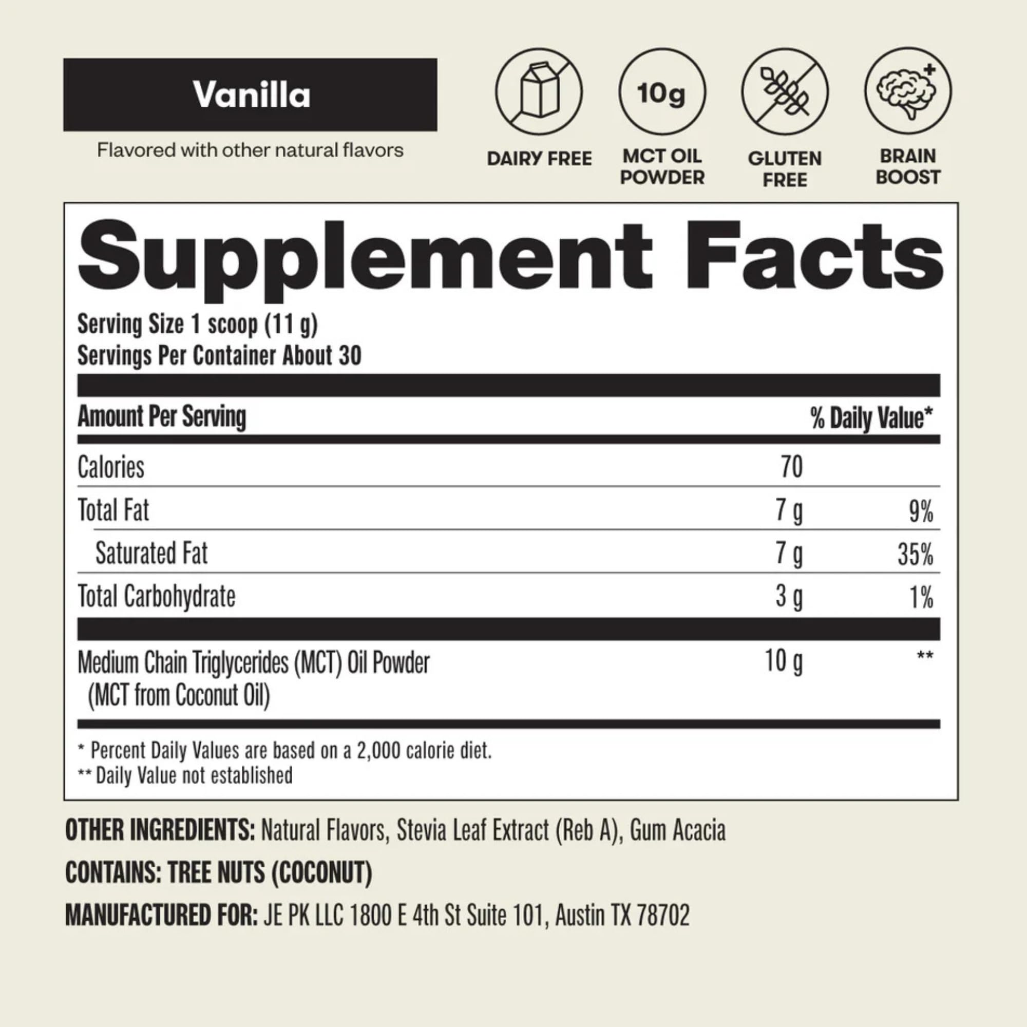 Perfect Keto 7g MCT Oil Powder Vanilla – Non-Dairy Keto Coffee Creamer, 30 Servings