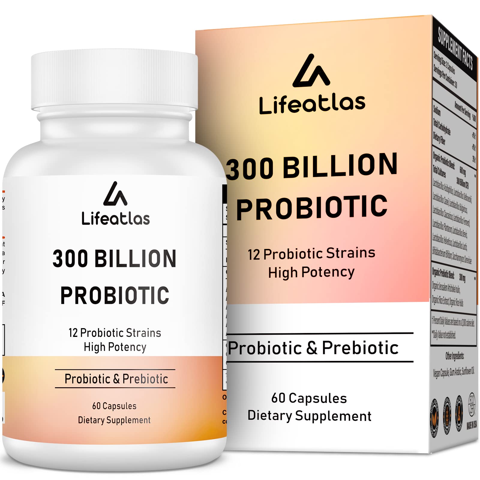 300 Billion CFU Probiotics - Gut Health, 12 Strains + Prebiotic, 60 Caps