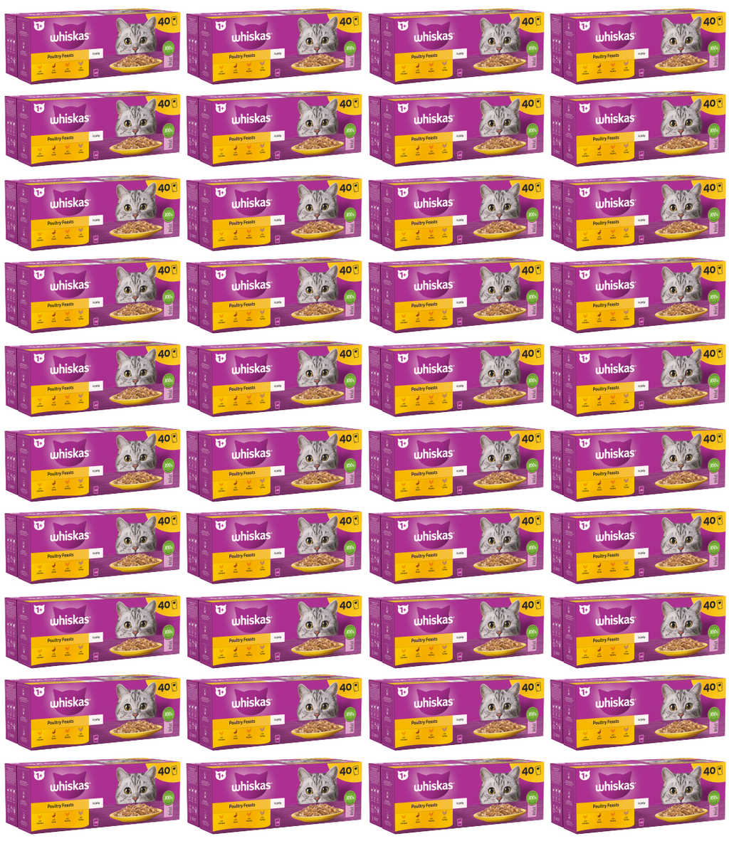 40 x Whiskas Cat 1+ Pouch Jelly Poultry Feasts (85Gm)