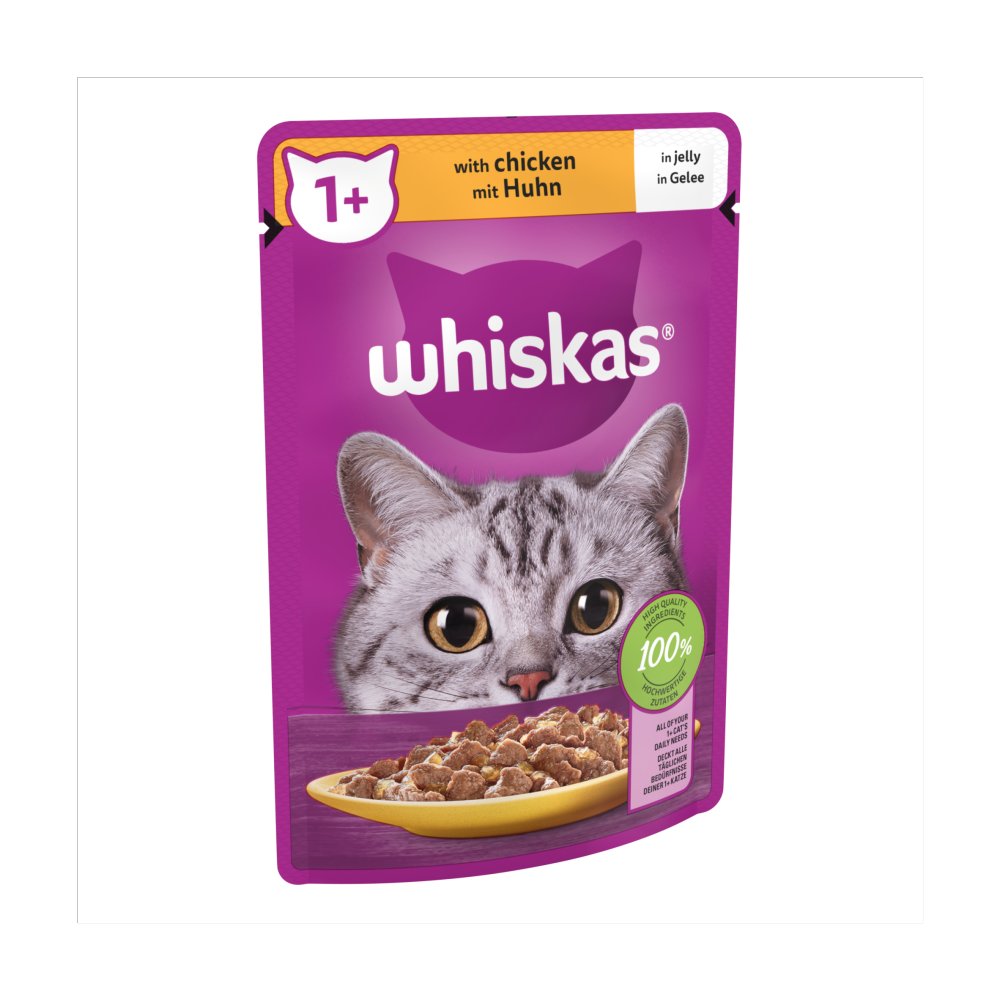 28 x Whiskas 1+ Adult Wet Cat Food Pouches In Jelly With Chicken 85G
