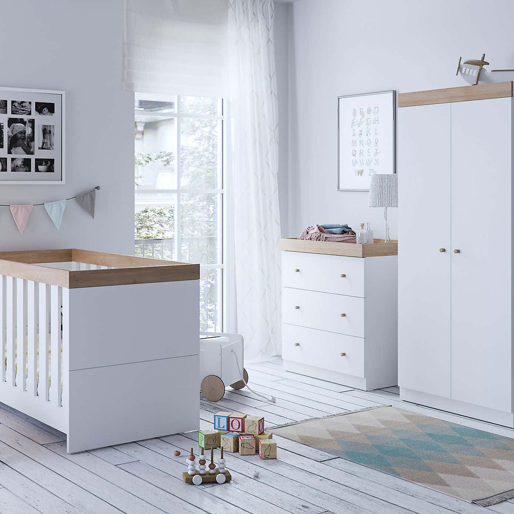 Little Acorns Burlington 2 Piece Nursery Furniture Set with Cot Bed and Dresser - White & Oak