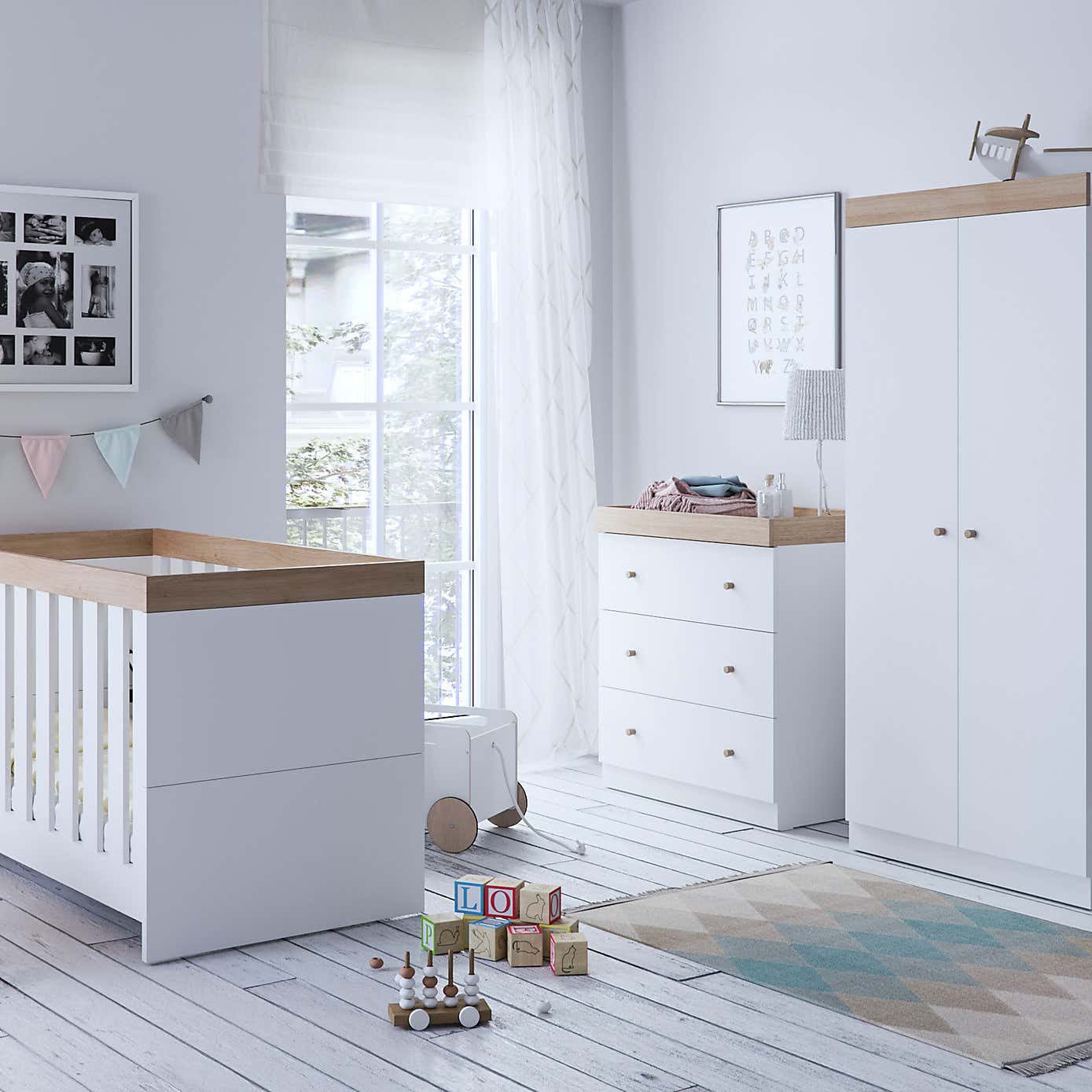 Little Acorns Burlington 3 Piece Nursery Furniture Set with Cot Bed, Dresser and Wardrobe - White & Oak